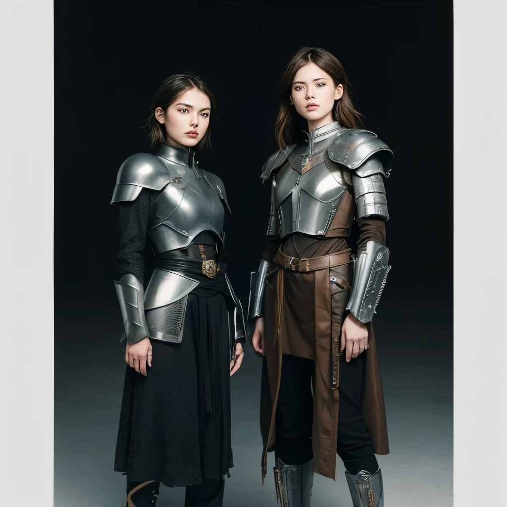 There were two women in armor standing side by side, Highly detailed and hyper-realistic visuals, inspired by Peter Lindbergh, Desaturated and muted colors, Inspired by Nikolai Avlamov, clockpunk, Detailed and beautiful faces, author:Steven James Petroucho, Prometheus (2012)