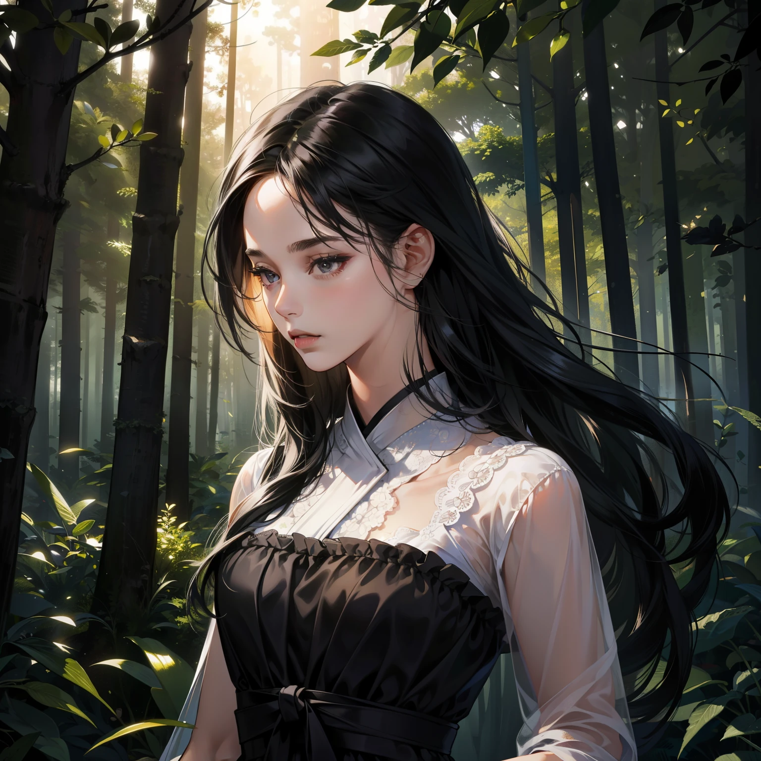 Masterpiece, high quality, best quality, HD, realistic, perfect lighting, detailed body, 1 woman, black eyes, long hair, black Hair, glowing, black girl dress, forest background