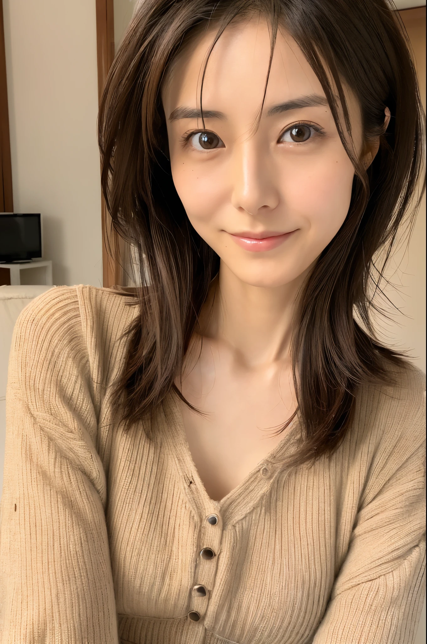 (High reality photograph, high resolusion, detailed face, detailed eyes) Skinny Japanese lady, 30 years old, cute face, various face expression, solo:1, lovely body, skinny figure, various hair style, very thin waist, thin knit dress