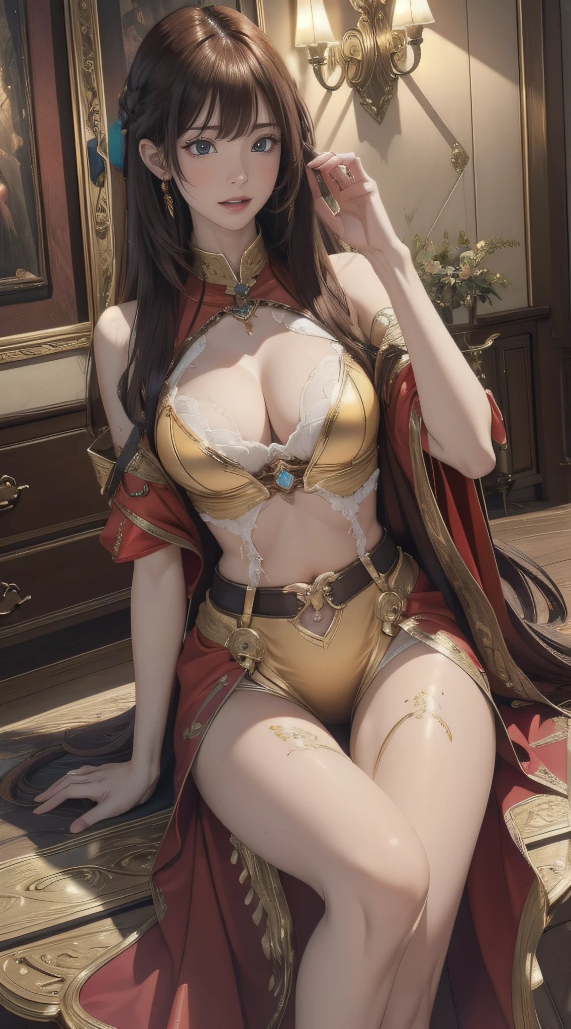 (Cinematic scene,Fantasy Art,Highest image quality,hyperrealistic portrait,(8K),Ultra-realistic,Best Quality,High quality,High Definition,high quality texture,high detailing,Beautiful detailed,fine detailed,extremely details CG,Detailed texture,realistic representation of face,masutepiece,presence,Dynamic,Bold),1gir,Ultra detailed skin,Curve,Petite,Beautiful breasts,Large breasts,pale skin,pointed breast,Erect nipples,(Thin hair),(Soft hair),(ultra straight hair),Swept long bangs,very light coppery amber hair,Hair over one eye,NSFW,Pornographic Images,tied both wrists,The slime melted my clothes