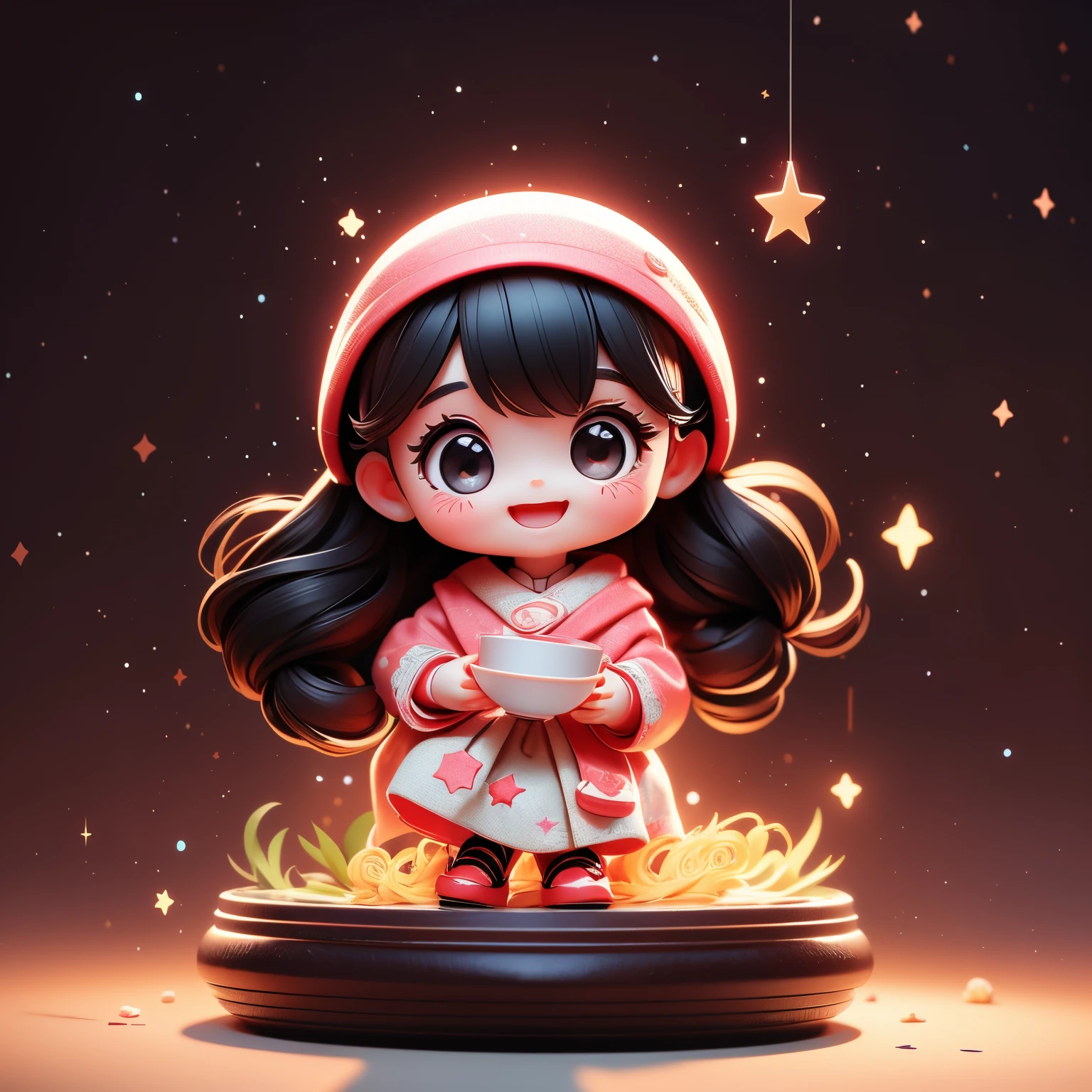 A small doll is placed on the lid of the cup ramen、A smile、Chibi Doll、Stars in the eyes（kirakira）、Eye Up、Long Black Hair、Laugh、Cute red shoes、Ultra Detail, radiant light、bio luminescent、Taken from the side、Stronger bokeh effect