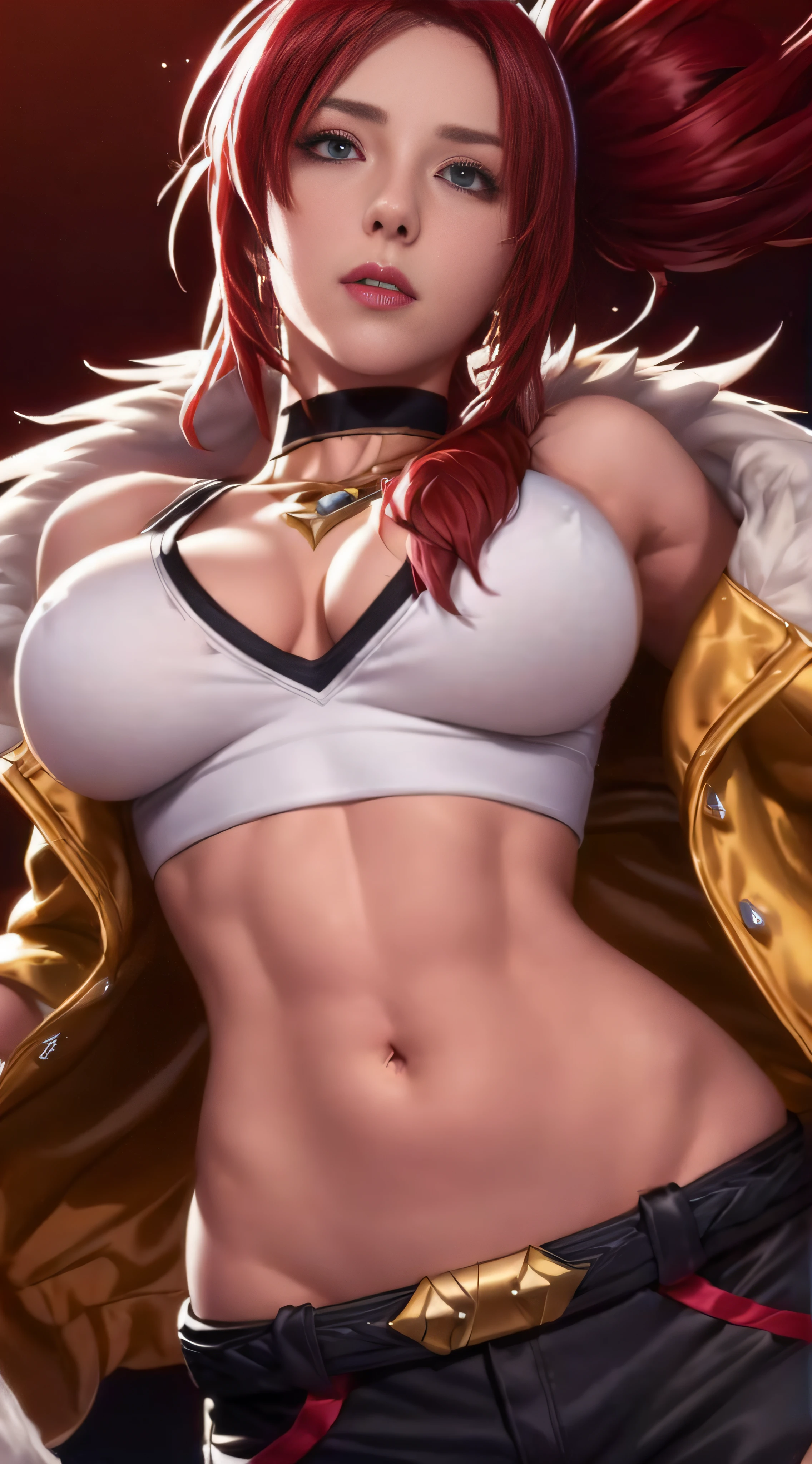 （（（Akali kda reputation,pony tails,red hair clothes, choker necklace, awas, cosmetics, hooded, Black cropped top, fur-trim, jaket, mitts, black trouser suit, K/, (league of legend), cropped shoulders，S-shaped body:1.7））），((tmasterpiece)),A high resolution, ((Best quality))，tmasterpiece，quality，Best quality at best，（（（ exquisite facial features，looking at viewert,There is light in the eyes，Smilingly，self-assured ））），（（（Light and shadow interlace，Huge big breasts））），（（（1 Sister， dynamicposes, 1 girl, (complete figure:0.9), own,Human body silhouette， ((good body)),Girl posing for photo，24 years old female model，perfect foot、Have perfect arms behind your back，plum)）））