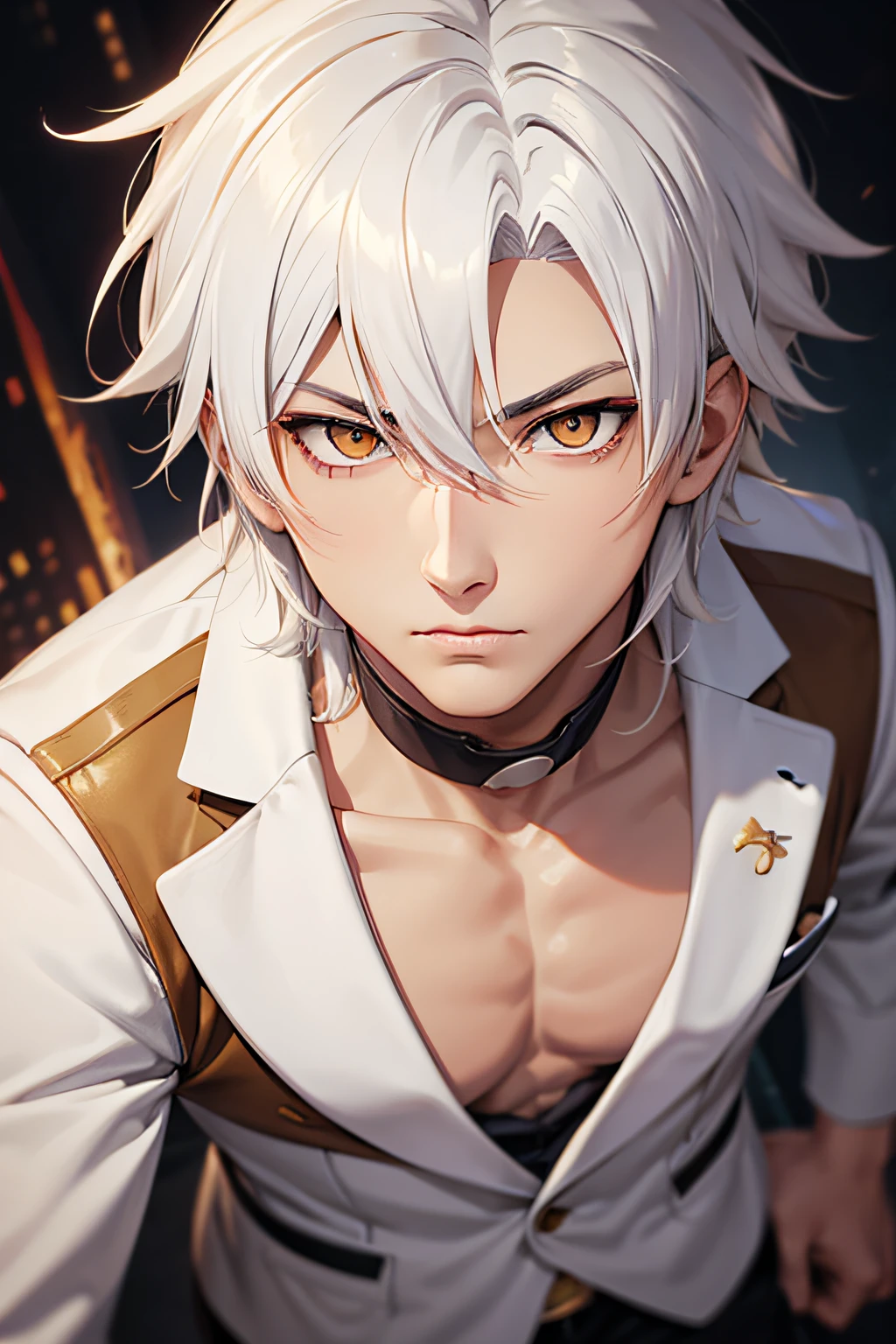 tan anime guy, white hair, golden eyes, suit, seductive stare