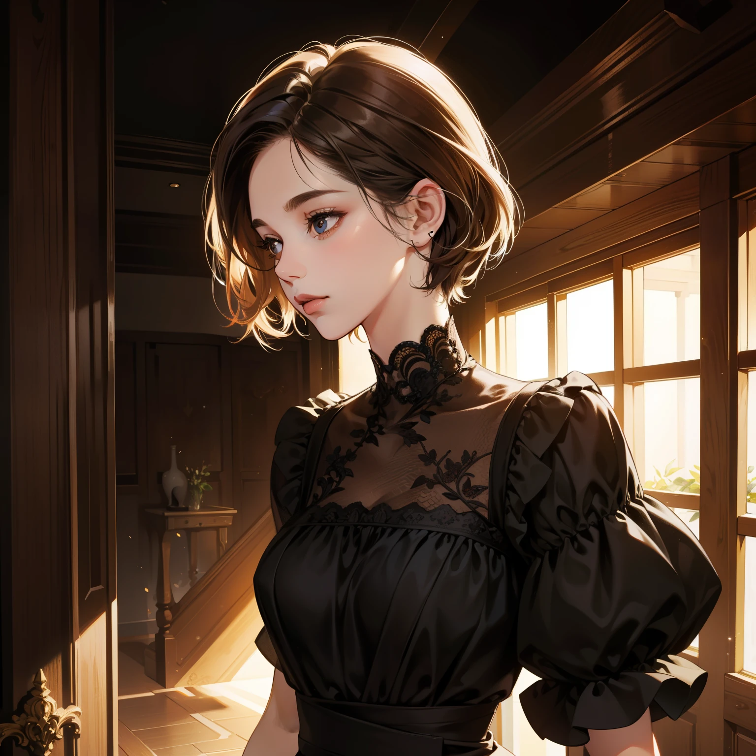 Masterpiece, high quality, best quality, HD, realistic, perfect lighting, detailed body, 1 woman, black eyes, short hair, brown Hair, glowing, black girl dress, home background
