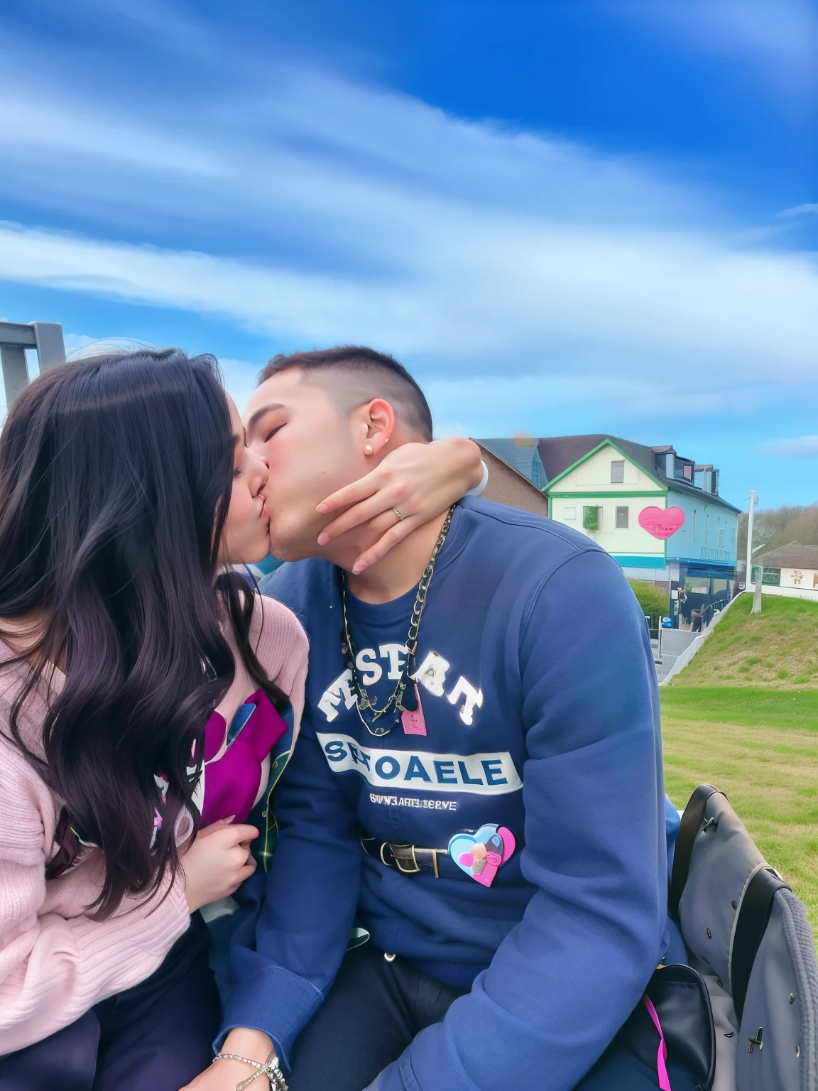 they are sitting on a bench kissing each other, couple kissing, kissing together cutely, they are in love, kissing together, 🤬 🤮 💕 🎀, 😭 🤮 💕 🎀, 😭🤮 💔, very very low quality picture, kissing each other, kiss mouth to mouth, taken in 2 0 2 0,  out, the kiss, kissing