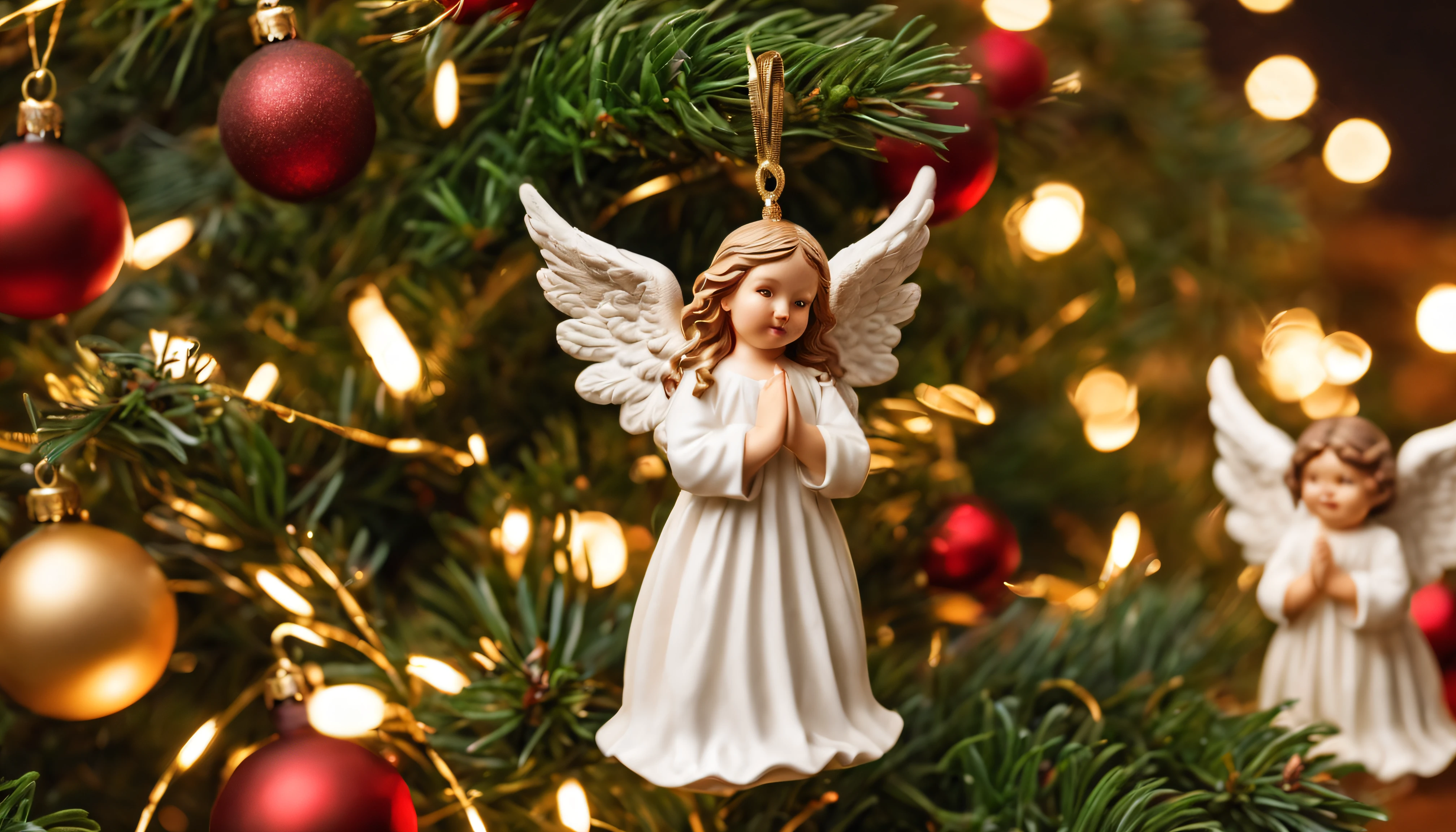 Breathtaking cinematic photo of a real Hyperrealistic christmas ((close-up photo)) of a beautiful stunning ((golden star)) top decoration on the top of the ((Christmas tree)) with ((two little angel: 1.6)) figurines Christmas tree decoration besides it, decorated with golden christmas tree decorations, Christmas tree garlands, golden and red colored Christmas tree balls, in the background multicolored led lights (red, blue, green, yellow), extremely high-resolution details, photorealism, realistic lifelike textures, masterpiece, best quality, sharp focus, photorealism, photorealistic, 8k, volumetric light, (intricate details), hdr, high detailed, high quality, soft cinematic light, dramatic atmosphere, atmospheric perspective, ultra realistic, neutral colors, cinematic lighting, wide angle, film grain, dslr, raw photo, photo,