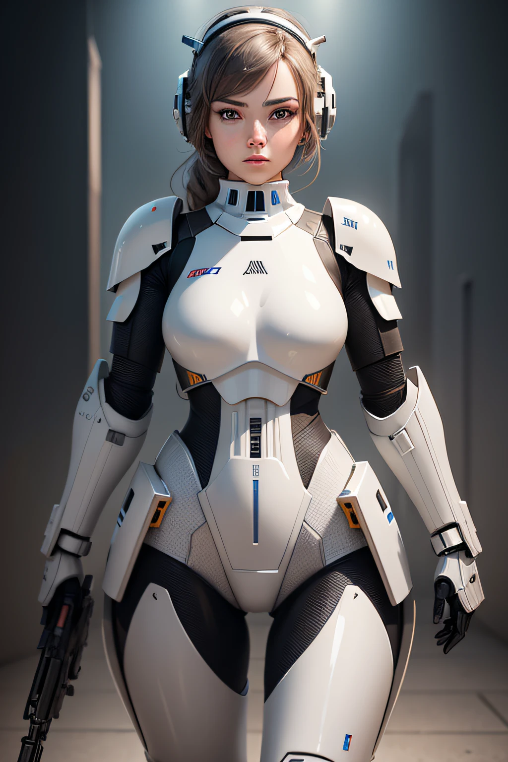A female combat robot designed to imitate it'He wears armor like the Stormtroopers from Star Wars.. Holding a gun in both hands, nffsw, retinas, masutepiece, ccurate, Anatomically correct, Textured skin, Super Detail, high details, High quality, awardwinning, Best Quality, hight resolution