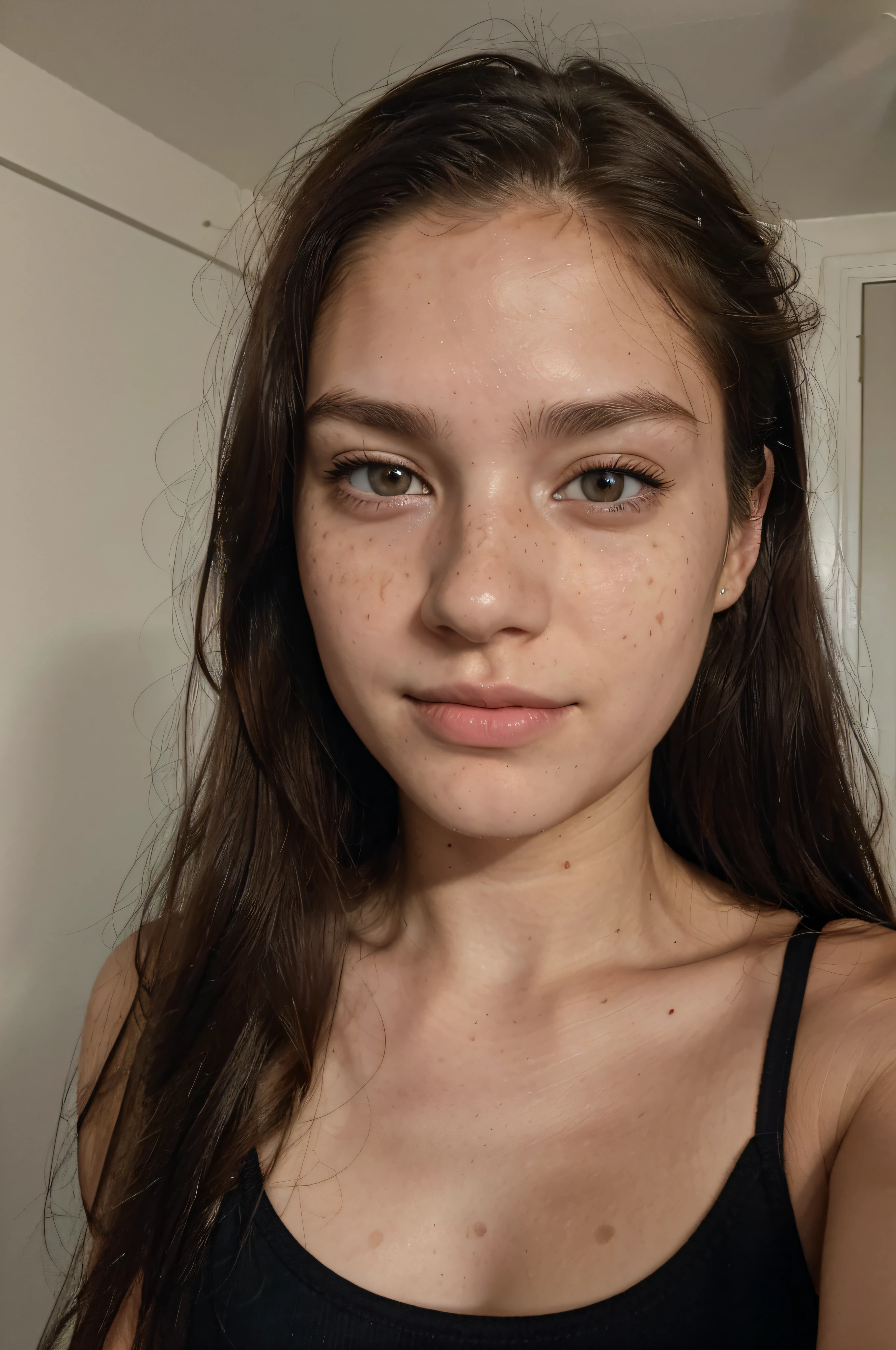 (amateur 1.2), amateur camera selfie of 19 years old chinase female, black hair, Low exposure, low lighting, unprofessional natural lighting, realistic lighting, dark light, low light, caucasian female with very low freckles on her face and black eyes with hyperrealistic eye lashes, hyper realistic skin all over her, beautiful face, detailed face, image noise, low visible impurities, very low slight freckles, detailed skin texture, low detailed skin pores, low impurities on the face, details eyes, eyebrow details showing each individual hair, very minimal and slight redness and imperfections around eye lids, low quality lighting, no light on, selfie, black tank top, normal tits, slightly smiling looking sexy, realistic skin, very long messy hair, white skin caucasian female, very long hair, neutral face, very low freckles, normal black eyes, little spots, very little acne, wearing black sleeve, inside bedroom room, 2 feet from camera, head in different natural positions