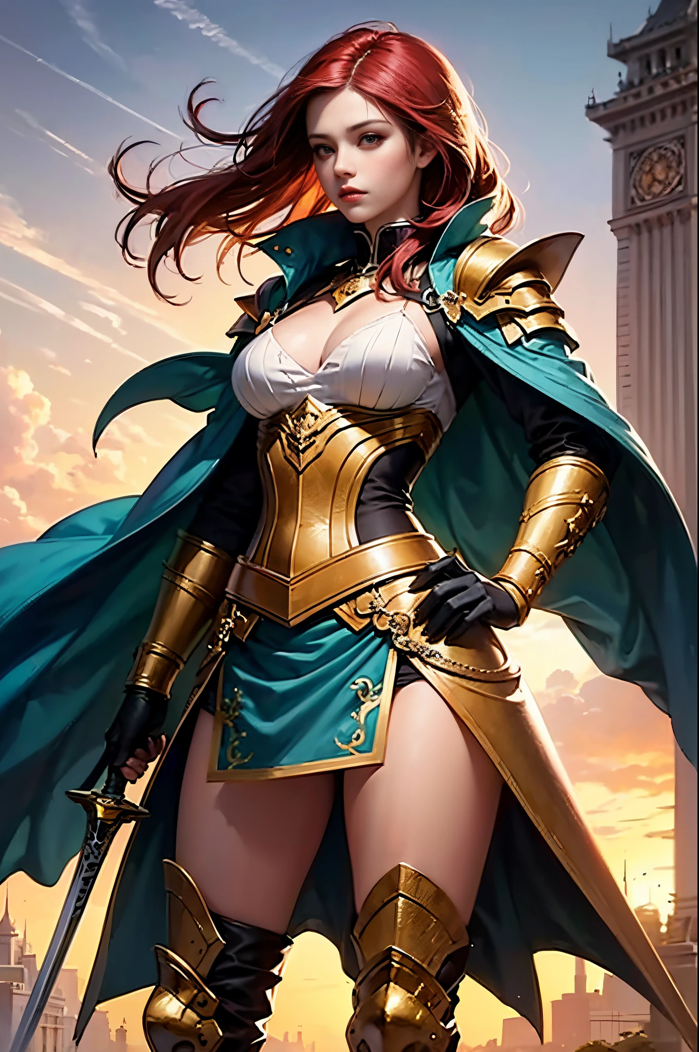 Red-haired arafe woman in golden armor with sword and shield, cushart krenz key art feminine, by Yang J, chengwei pan on artstation, Style ArtGerm, Alexandra Fomina Artstation, ig model | ArtGerm, very detailed Artgerm, epic exquisite character art, ArtGerm on ArtStation Pixiv, Perfect Angle, perfect-composition, Best Quality, Perfect model body shape, Awe-inspiring Hall々, Brave, Invincible female general, tutelary, Best Shots