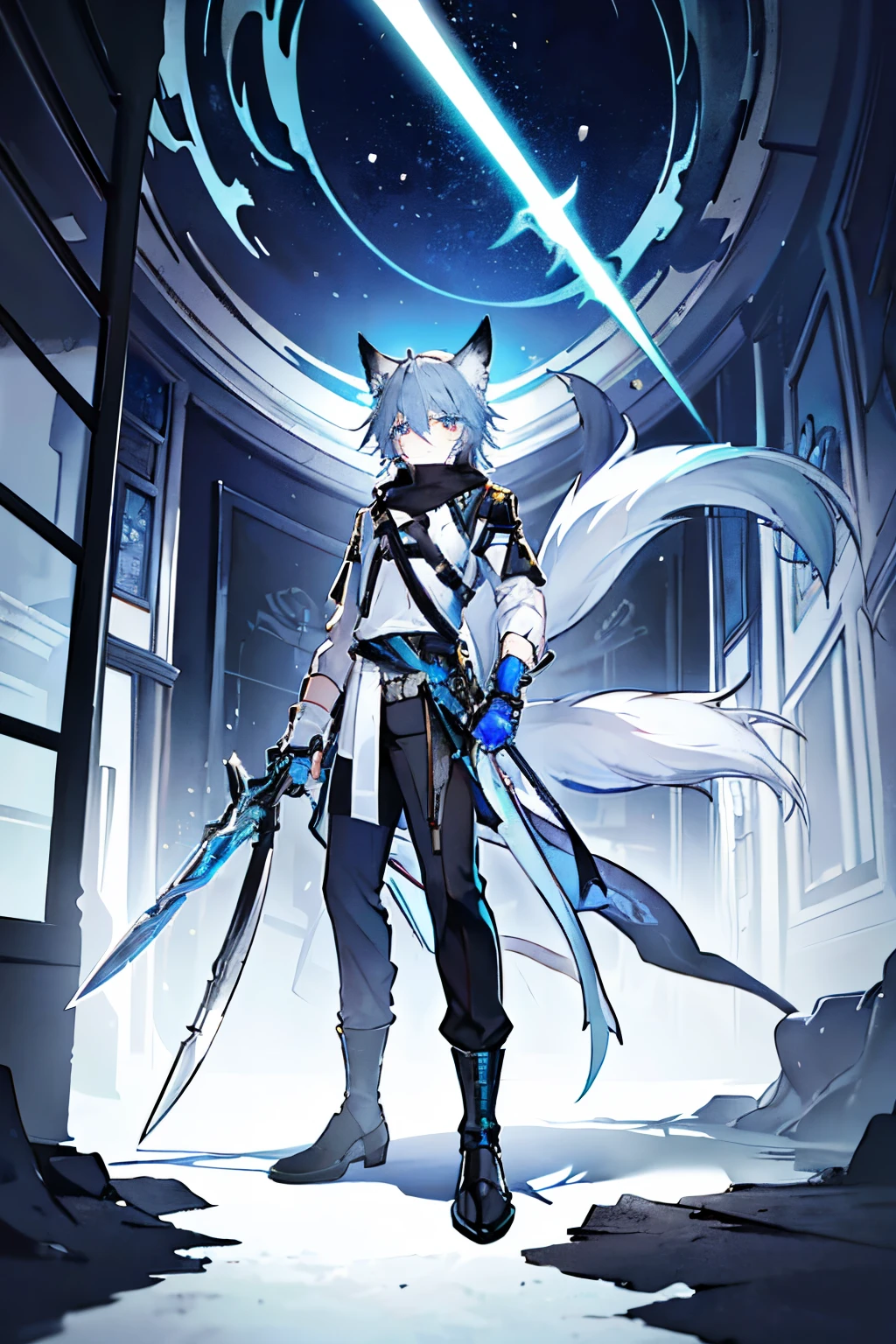 expressive eyes, perfect face, 1boy, solo, (light shade hair, fox tail, fox ears, light blue grey hair, pale light blue gray hair, pale blue hair, bluish cyan hair), azure eyes, young boy, short bangs, big eyes, fox tail, arknights design, Himalayan scarf, Scandinavian tunic, boots, knives, knives on both hands, daggers on both hands, front facing, daggers, big eyes, pants, black pants, dual wielding