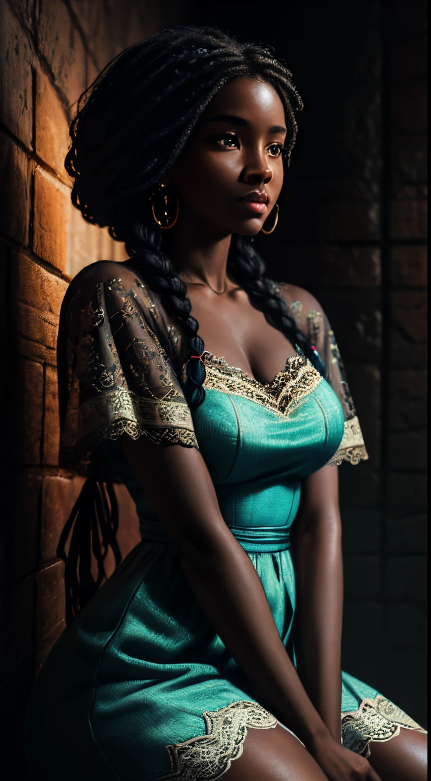 A brief moment of calm, beautiful black woman with cinnamon skintone, dark skin, soft french-braided hair, neutral color lace clothing against the vibrant colors of a wall tapestry. Portrait shot with peach and cyan lighting , detailed intricate , in the style of James Jean and Thomas Kincaid , chiaroscuro, wabi sabi , beautiful, masterpiece, behance winning, oil painting, romanticism