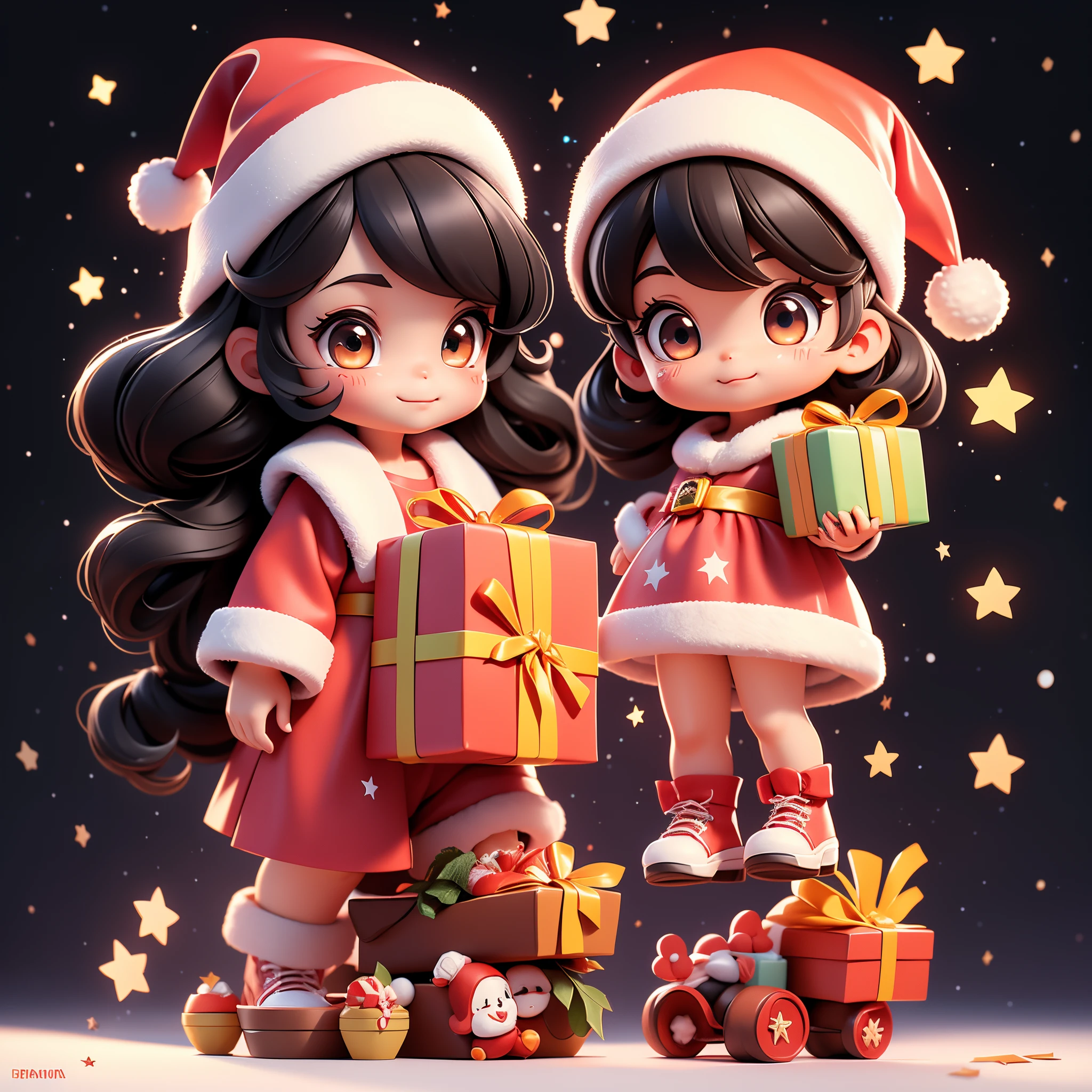 a sticker、Notch line on the outside of the sticker、Sticker of Santa Claus happily carrying presents、Santa is a pretty girl、Chibi Doll、Stars in the eyes(kirakira)、Eye Up、Long Black Hair、Laugh、cute red choconitide, Ultra Detail, radiant light、bio luminescent、Taken from the side、Stronger bokeh effect