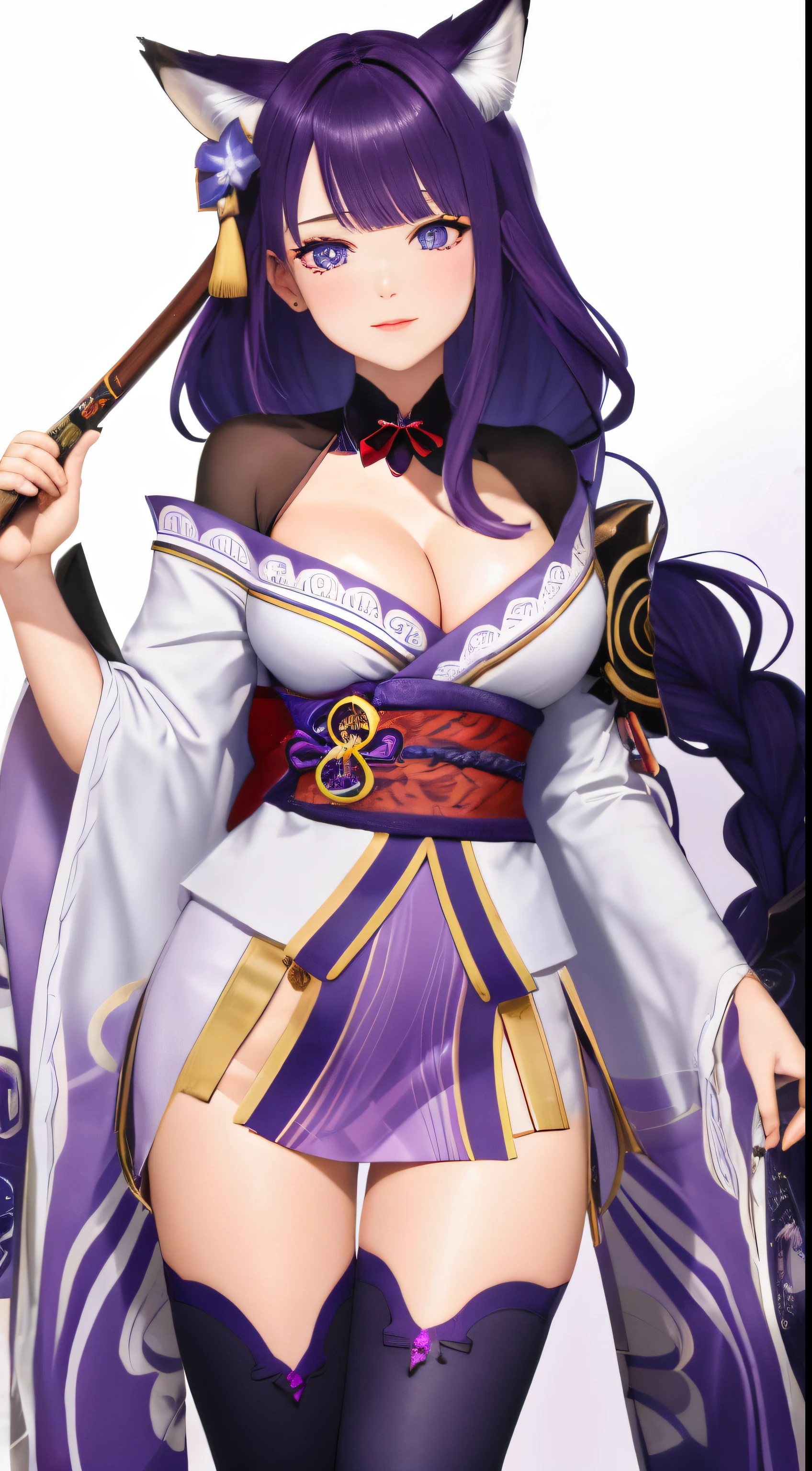 masterpiece, best quality,multiple girls, breasts, 2girls, yae miko, raiden shogun, purple eyes, pink hair, japanese clothes, purple hair, large breasts, long hair, cleavage, hair ornament, thighs, purple kimono, thighhighs, bangs, animal ears, detached sleeves, fox ears, wide sleeves, kimono, moon, weapon, braid,(kbxll:0.8)