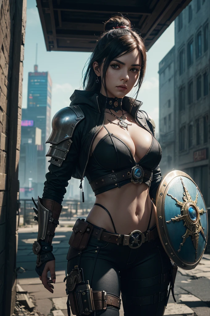 a Cyberpunk warrior holding a big shield, combines medieval and bio-technology, gothic with Steampunk architecture background, Future City, ultra-wide-angle, octane render, enhance, intricate, (best quality, masterpiece, Representative work, official art, Professional, unity 8k wallpaper:1.3)