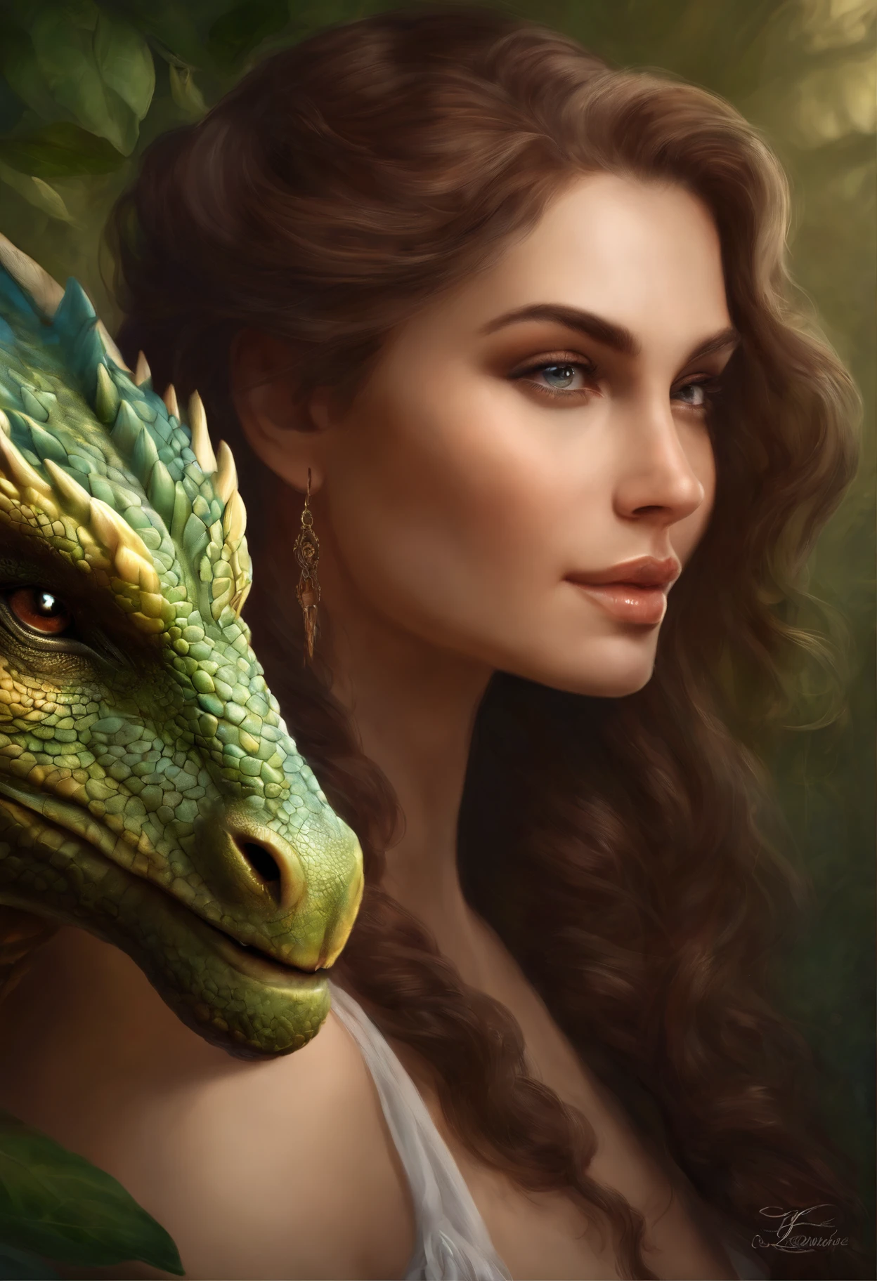 Woman holding dragon (anatomically correct body drawing), fantasy art portrait, realistic fantasy illustration, digital fantasy portrait, inspired by Magali Villeneuve, beautiful fantasy art portrait, fantasy portrait, Fantasy genre portrait, beautiful fantasy portrait, graphic artist magali villeneuve, in the art style of bowater, gorgeous digital painting, fantasy portrait art