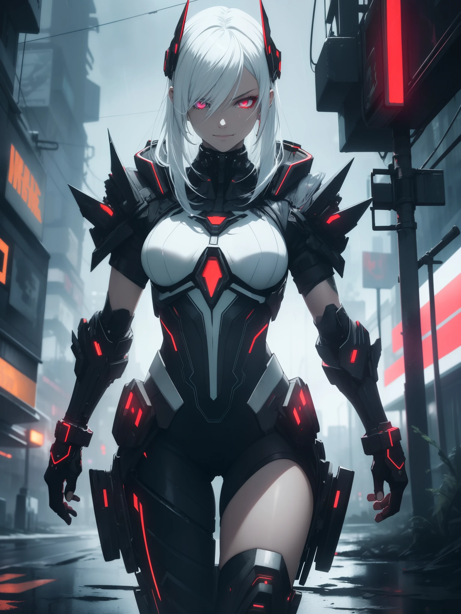 chromatic aberration, depth of field, soft lighting, masterpiece, best quality, intricate, tone mapped, highly detailed, artstation, concept art, smooth, sharp focus, dramatic lighting, highly detailed artwork, cinematic, hyper realistic painting, trending on Artstation, 8K, incredible shadows, realistic, 1girl, cute, girl in a smooth curve, standing, futuristic, smile, punk, cyberpunk, backlighting, mechanical joints, artificial limbs, white hair, long hair, red eyes, red horns, perfect eyes, perfect fingers, white bodysuit, thighs, metalic boots, during a rainstorm with lightning strikes and a cloudy sky, neon and cyberpunk background, detailed glowing red eyes with distinct pupils, wearing white battle android clothes
