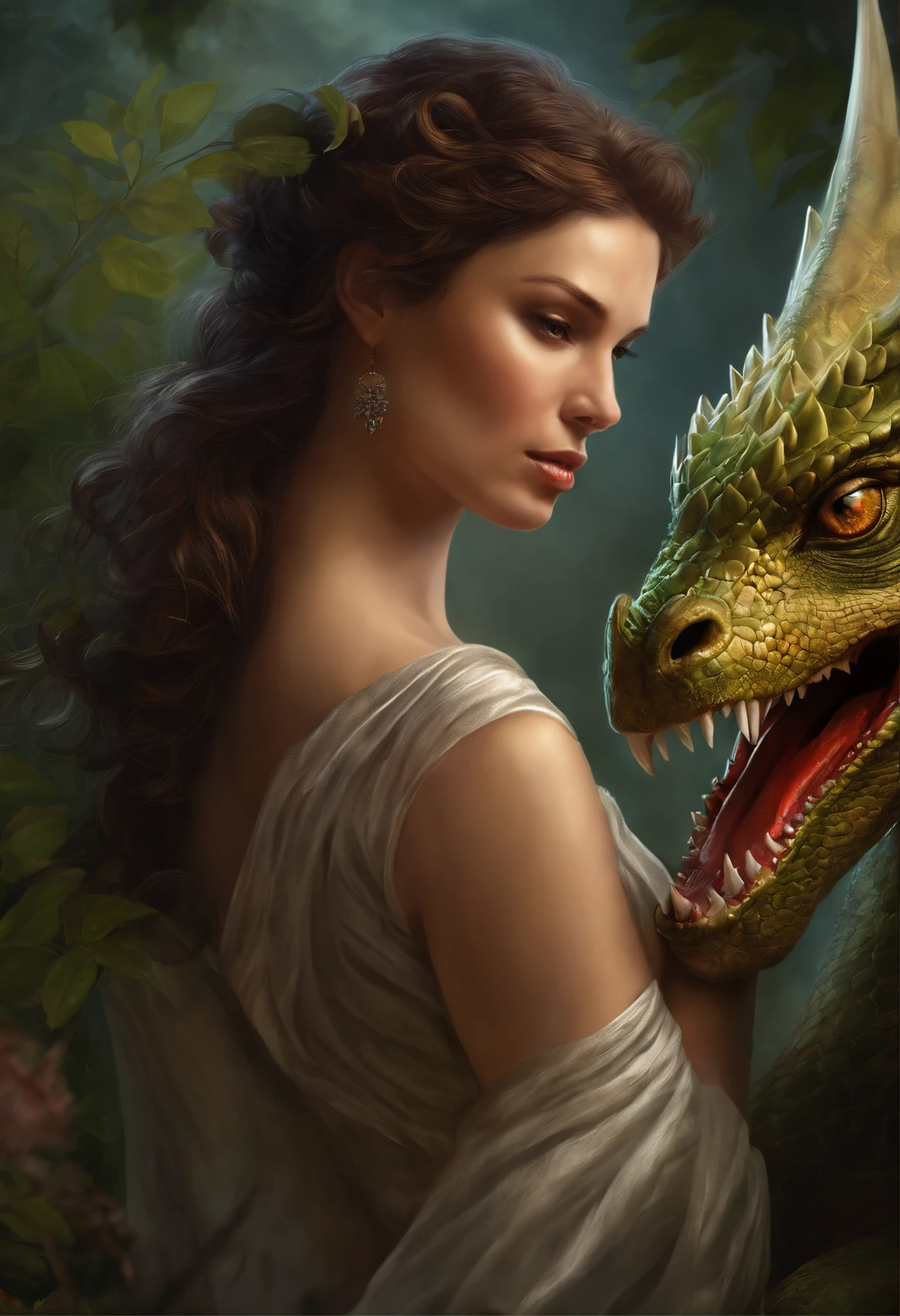 Woman holding dragon (anatomically correct body drawing), fantasy art portrait, realistic fantasy illustration, digital fantasy portrait, inspired by Magali Villeneuve, beautiful fantasy art portrait, fantasy portrait, Fantasy genre portrait, beautiful fantasy portrait, graphic artist magali villeneuve, in the art style of bowater, gorgeous digital painting, fantasy portrait art