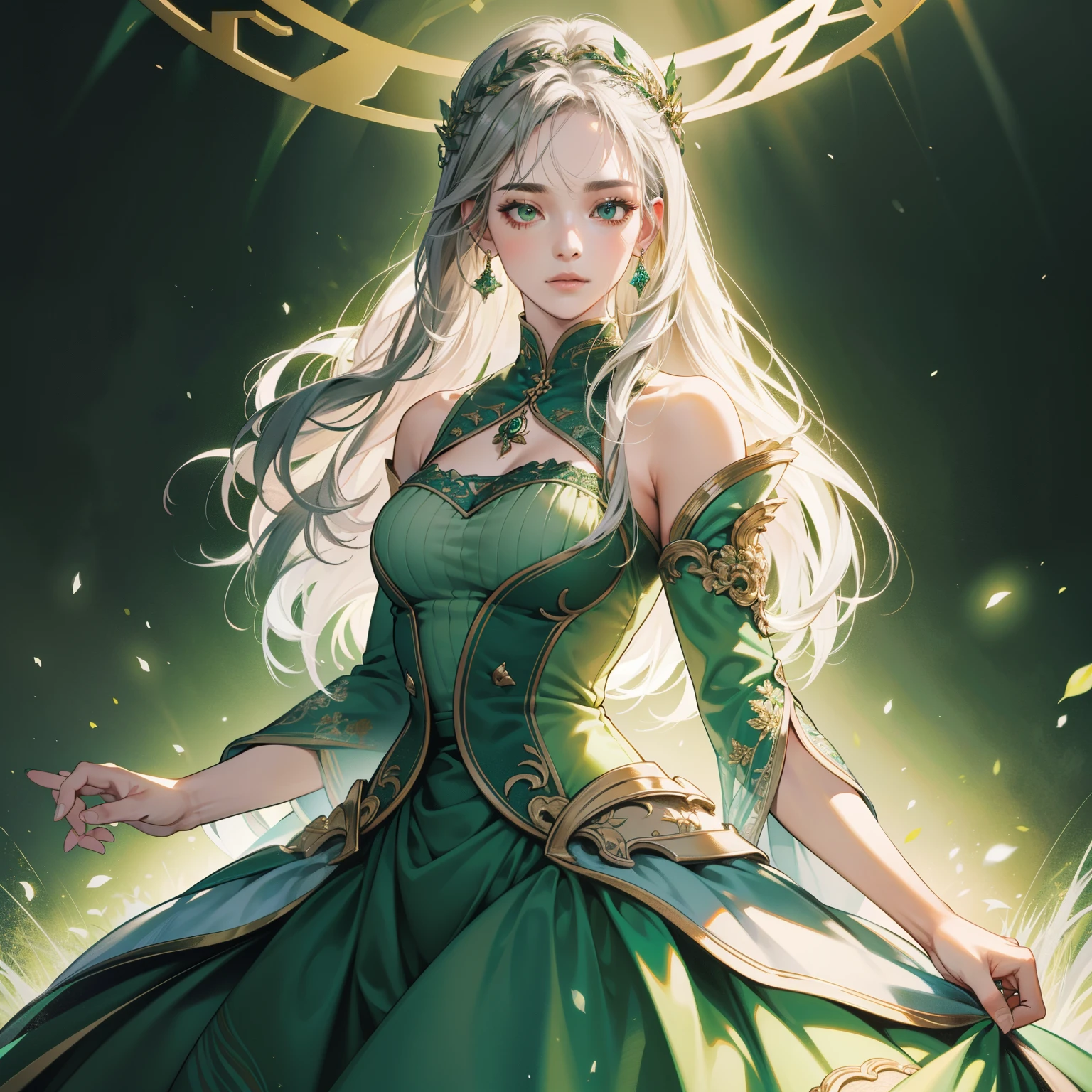 Masterpiece, high quality, best quality, HD, realistic, perfect lighting, detailed body, 1 woman, perfect eyes, long hair, Gray Hair, glowing, Green princess Dress, Home background.