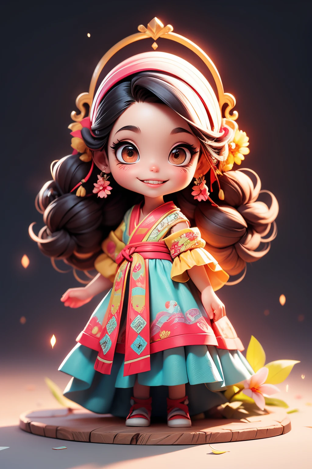 Octane Render、(Hyper-detailing: 1.15)、(Soft light、sharp: 1.2)、morning、Little girl posing in front of colorful EV in parking lot near beach, Traditional costumes、Distinctive ethnic hair ornaments、Unique ethnic calligraphy film, F/4.0, masutepiece, Anatomically correct、A smile, radiant light