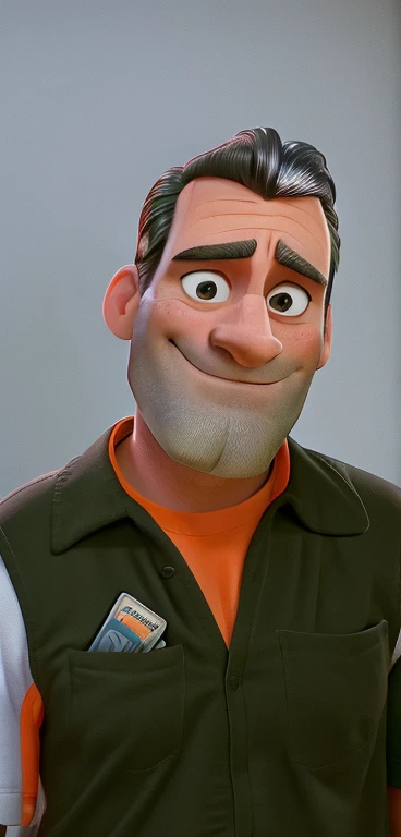 Jon Hamm, Cartoons in orange shirt and black pants, arms crossed, olhando para frente e sorrindo com os dentes aparecendo;