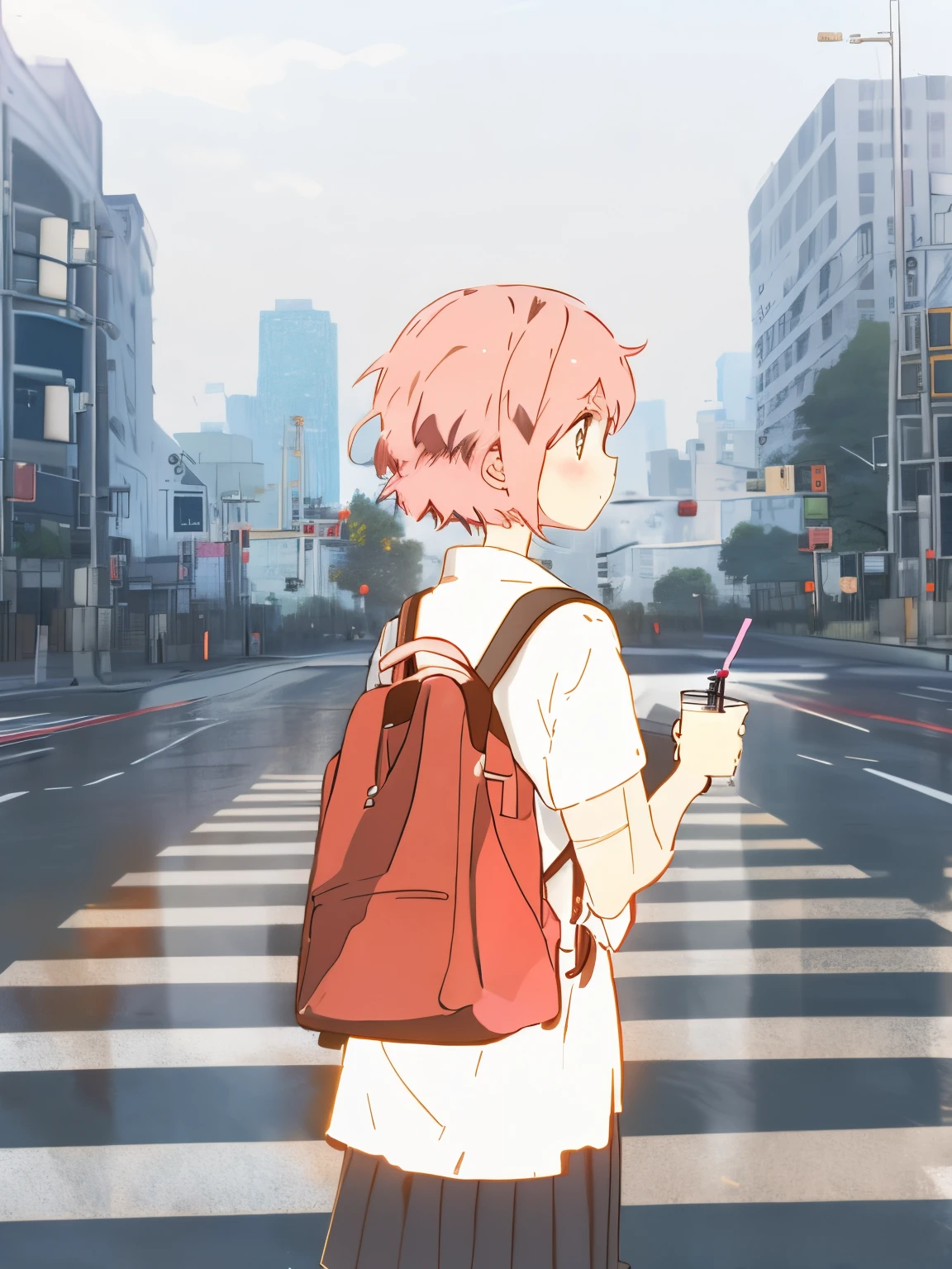 short pink hair，Holding a cup，Anime high school girl walking through a crosswalk with a backpack，adolable，Back Shadow，traffic light，green light，crossroad，blues