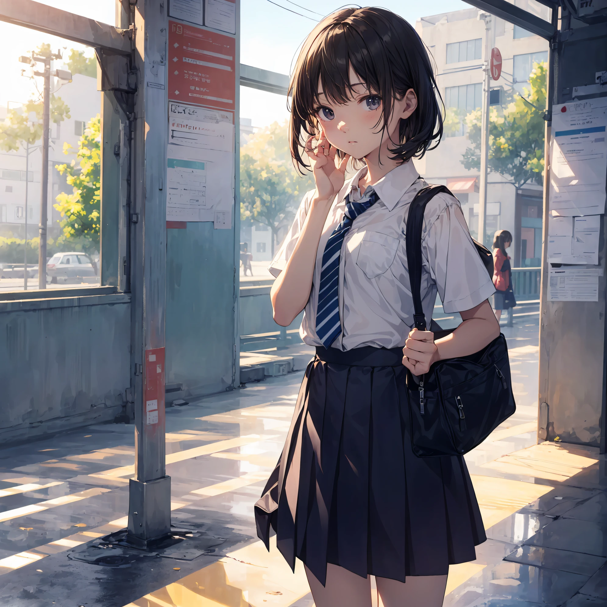 (Best Quality, 4K, 8K, hight resolution, masutepiece:1.2), Ultra-detailed, (Realistically cute,Photorealsitic:1.37), High resolution, anime moe art style, Best Anime 8K Konachan Wallpapers, Pixiv Contest Winner, Perfect Anatomy, BREAK,(Draw a girl sleepily walking to school. ),BREAK, 1girl in, (Solo,Lori,,13yea:1.3),Full limbs, complete fingers, a junior gynous attraction, (Very short hair),hair messy,  flat chest, Small butt, groin, Small eyes,Beautiful detailed black eyes, Well-proportioned iris and pupils, disgusted eye,High resolution detailed hair, salor uniform, Skirt, On the way to school. BREAK,Medium: Anime Art, Vibrant colors, Sharp Focus, Professional, Bokeh.
Lighting: Natural light shining a soft light on the girl, Create a warm and cozy atmosphere on your way to school..