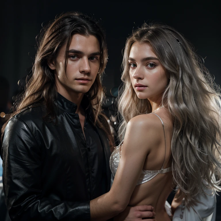 Masterpiece, Superb Fashion, (Fashion Costume), (Illustration), (2 People), Handsome Young Couple, (Russian Mill Style), Fashion, Silver Hair, (Long Hair), (Messy Hair), (White Skin), (Dark Circles), Handsome, Dance Steps, Trend, Dark Gray,, Close Up, (Grand Background), (Chiaroscuro)), Fine Face Details, Facial Details, Cinematic Lighting, (Depth of Field), UHD, (Upper Body), Black Background