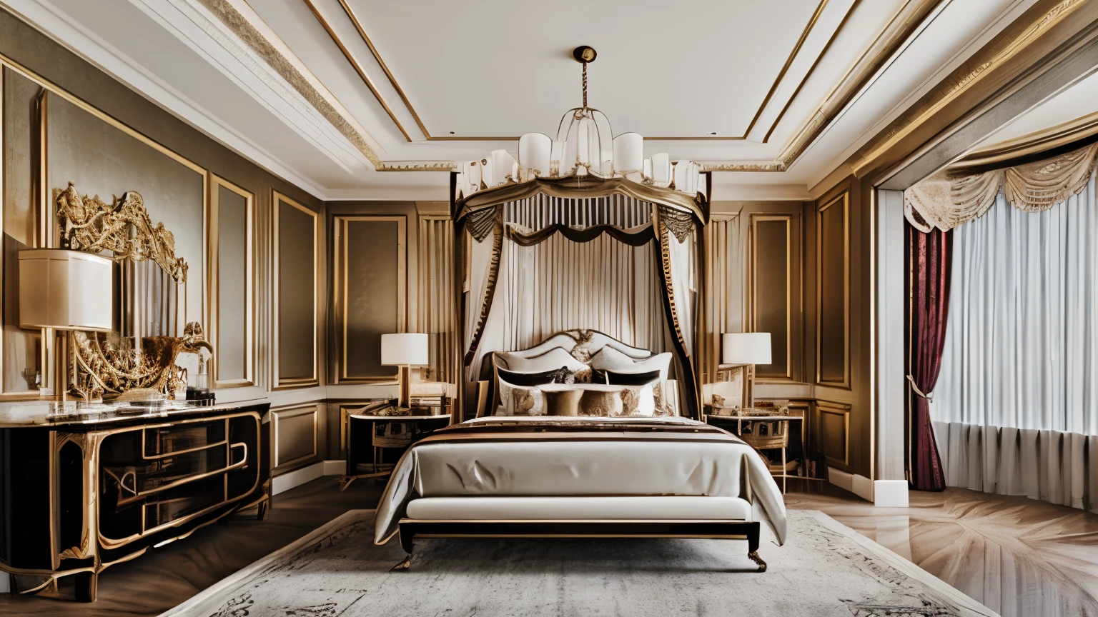 The square bedroom with a classic style features a sophisticated and timeless design that exudes elegance and luxury. The room is adorned with rich, ornate details and plush furnishings that create an inviting and opulent atmosphere. The color palette is typically comprised of warm, rich tones such as deep reds, golds, and browns, which enhance the sense of grandeur within the space.
As you enter the bedroom, your eyes are immediately drawn to the grand centerpiece of the room - a stunning four-poster bed crafted from dark, polished wood. The headboard is intricately carved with ornate details, featuring elegant curves and floral motifs that add a touch of romance and classic charm to the room. The bed is lushly adorned with sumptuous bedding in luxurious fabrics such as silk, velvet, or brocade, creating a sense of lavish comfort and opulence.
The walls of the bedroom are adorned with rich damask wallpaper, adding a touch of texture and pattern to the space. The deep, saturated hues of the wallpaper create a sense of warmth and intimacy, while also serving as a dramatic backdrop for the room's exquisite furnishings. In addition, the walls are adorned with gilded mirrors, framed artwork, and sconces, adding to the room's classic, regal ambiance.
The windows are dressed with heavy, floor-length drapes made from luxurious fabrics such as velvet or silk, featuring intricate tassel tiebacks or elaborate valances. The draperies not only add a sense of drama and grandeur to the space, but also provide an element of privacy and light control, allowing the room to be transformed from a bright and airy space during the day to a cozy and intimate retreat at night.
To complement the grandeur of the bed, the bedroom is furnished with a selection of classic pieces that exude timeless elegance. A pair of ornately carved bedside tables flank the bed, each topped with antique-style lamps that cast a warm, inviting glow throughout the room. The tables provide storage for persona