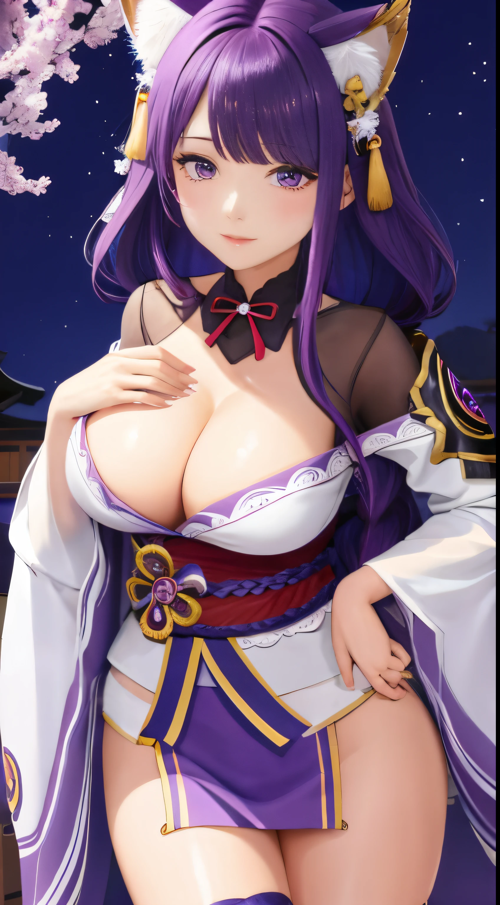 masterpiece, best quality,multiple girls, breasts, 2girls, yae miko, raiden shogun, purple eyes, pink hair, japanese clothes, purple hair, large breasts, long hair, cleavage, hair ornament, thighs, purple kimono, thighhighs, bangs, animal ears, detached sleeves, fox ears, wide sleeves, kimono, moon, weapon, braid,(kbxll:0.8)