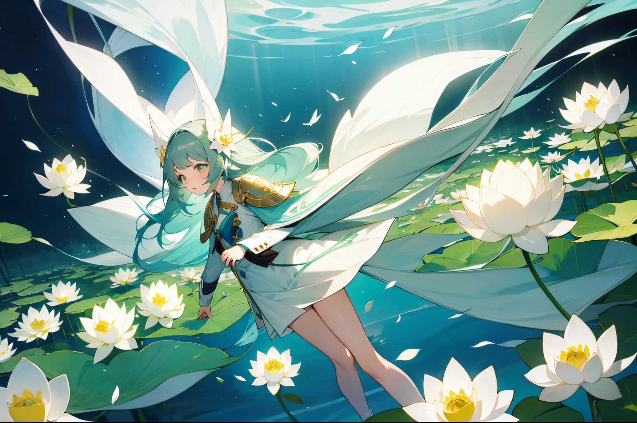 Moon Lotus,Long cyan hair,teens girl,White trench coat,Green armor,A white Watanabe lotus flower at your feet,petals flying in the sky,Incredible,flower sea,dingdall effect