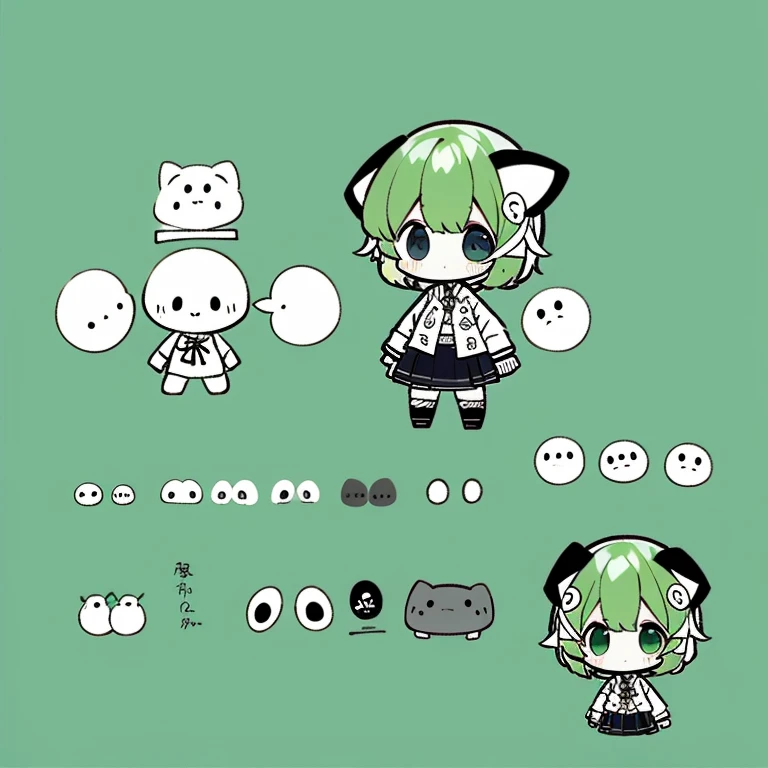 Type sheet, Character Sheets, Three types，Shot Full Body，Game Character Design，tmasterpiece, topquality,   big mouth、technique&#39;countenance、Massive sweat、whole body picture, 1girl in、jacket 、cartoon bone、 black cat ears,chibi:1,Chibichiara, Green Hair Anime Girl, cowboy  shot, , Sleeves, Trimmed with ribbons,