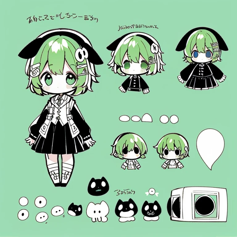 Type sheet, Character Sheets, Three types,Shot Full Body,Game Character Design,tmasterpiece, topquality, big mouth、technique'countenance、Massive sweat、whole body picture, 1girl in、jacket 、cartoon bone、 black cat ears,chibi:1,Chibichiara, Green Hair Anime Girl, cowboy shot, , Sleeves, Trimmed with ribbons,