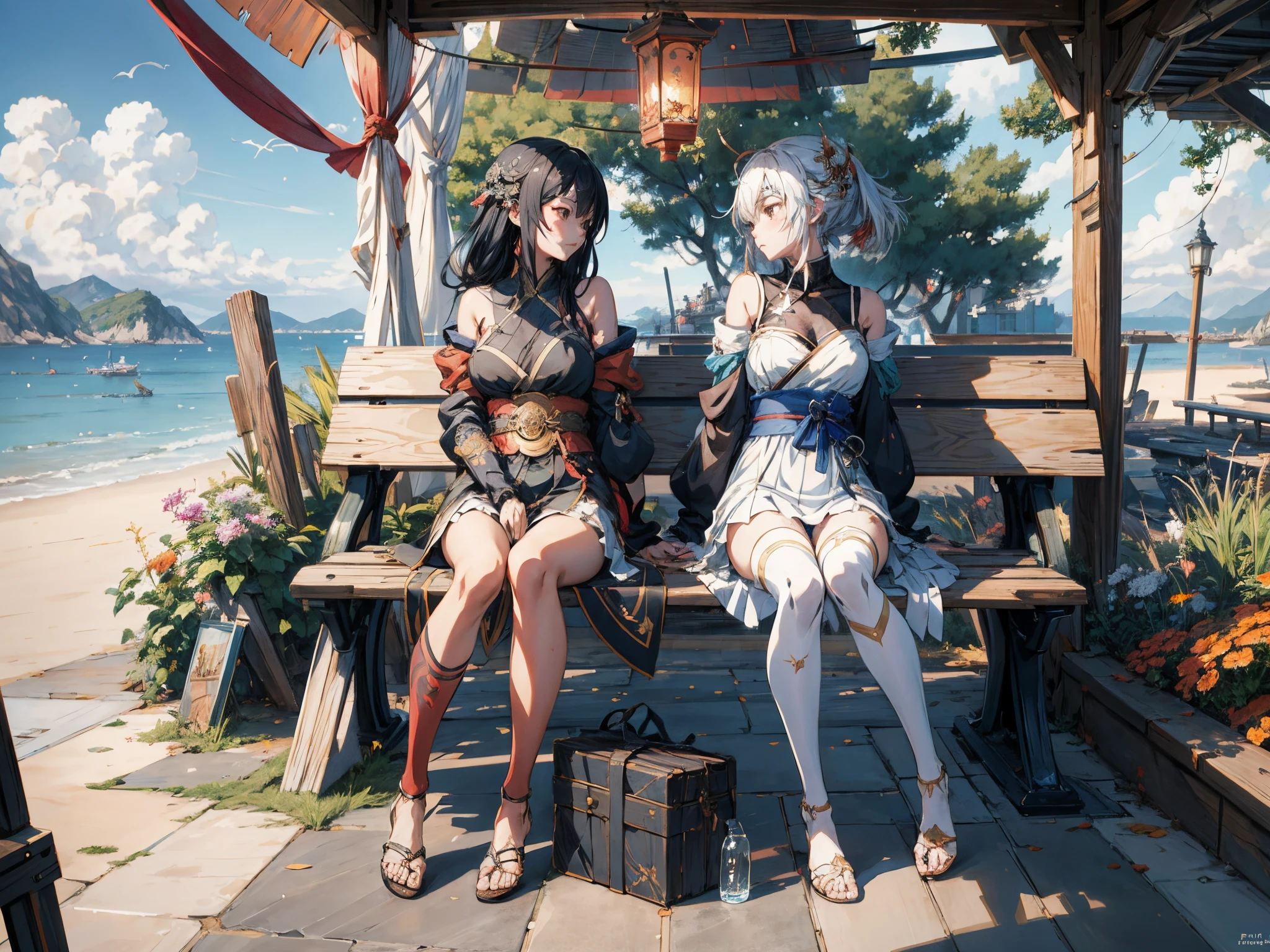 Anime characters sitting on benches by the sea, guweiz on pixiv artstation, guweiz on artstation pixiv, Guweiz style artwork, Popular topics on artstation pixiv, guweiz, WLOP and Sakimichan, krenz cushart and wenjun lin, Anime style 4k, from the night of the ark