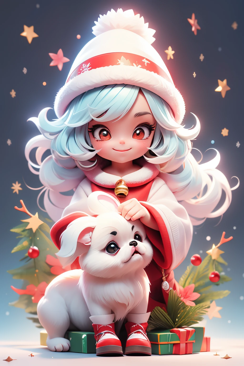 3D vector art、Colorful cute white pekingese dog(he is wearing a christmas hat、There is a bell on the collar.)Girl Holding、 cute christmas present, Ultra-realistic high quality, Cute and quirky, Fantasy Art, Watercolor effect