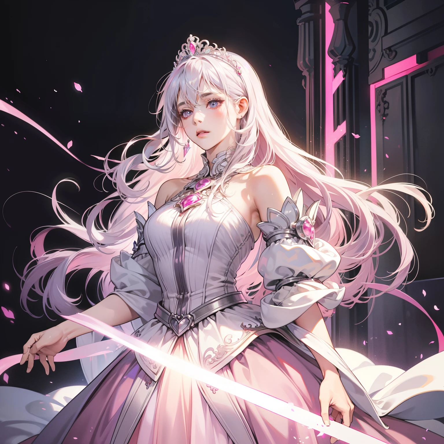 Masterpiece, high quality, best quality, HD, realistic, perfect lighting, detailed body, 1 woman, perfect eyes, long hair, Pink & Silver Hair, glowing, Pink And Silver princess Dress, Palace background.