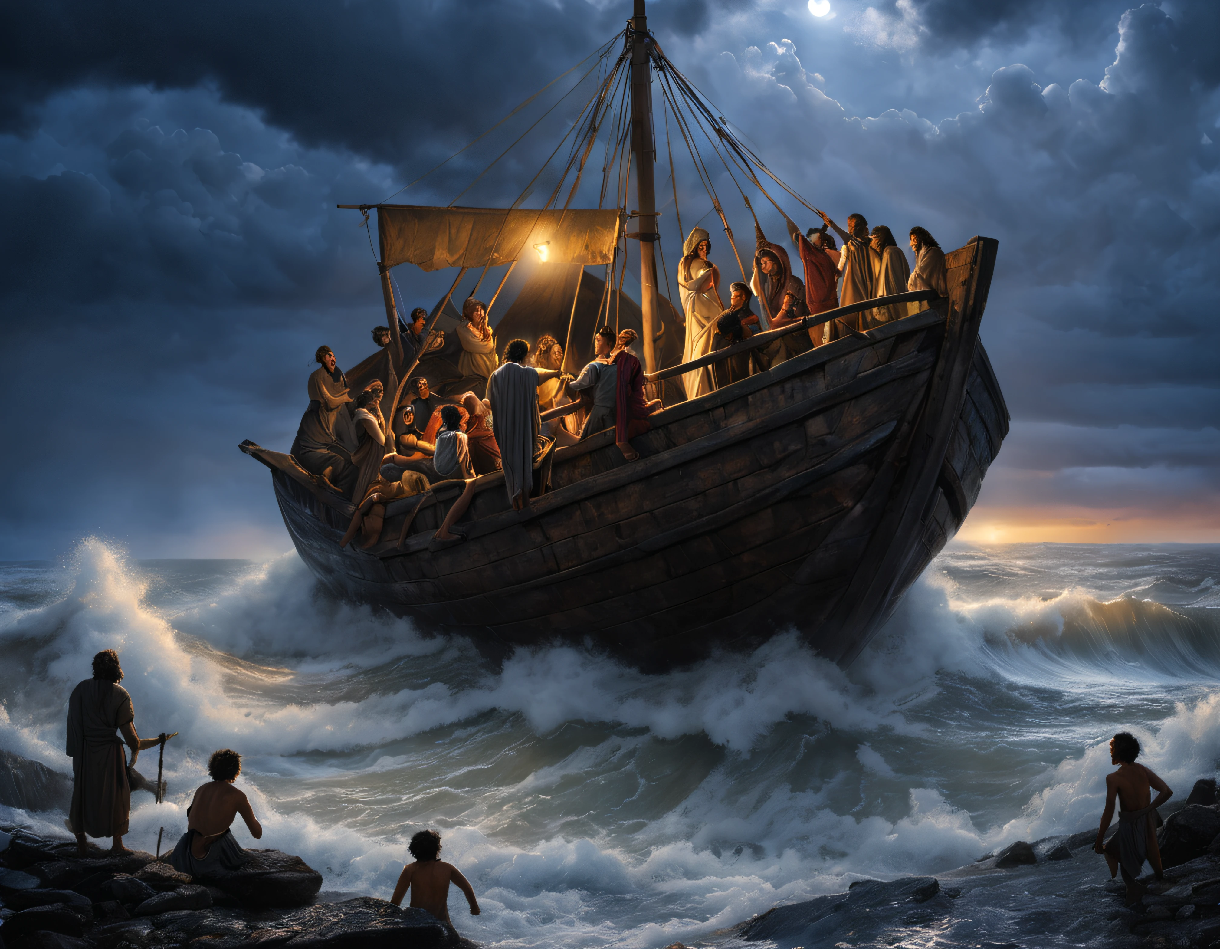 noah y su familia intentando mantener el arca a flote bajo un fuerte oleaje, antiguo testamento, con gente hombres, women and children trying to climb to some elevated position, algun risco, con una lluvia infernal y amenazantes olas, with the clothing that existed 3000 years ago completely destroyed and wet. (detalles intrincados de la maquina de alta calidad), estilo cinematografico, nitidez absoluta, imagen 8k.(obra maestra).iluminacion nocturna lugubre,luz de luna.