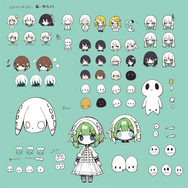 Type sheet, Character Sheets, Three types,Shot Full Body,Game Character Design,tmasterpiece, topquality, big mouth、technique'countenance、Massive sweat、whole body picture, 1girl in、jacket 、cartoon bone、 ,chibi:1,Chibichiara, Zanime Girl, cowboy shot, , Sleeves, Trimmed with ribbons,