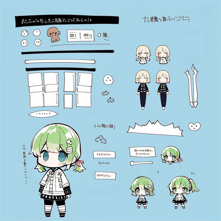Type sheet, Character Sheets, Three types,Shot Full Body,Game Character Design,tmasterpiece, topquality, big mouth、technique'countenance、Massive sweat、whole body picture, 1girl in、jacket 、cartoon bone、 ,chibi:1,Chibichiara, Zanime Girl, cowboy shot, , Sleeves, Trimmed with ribbons,