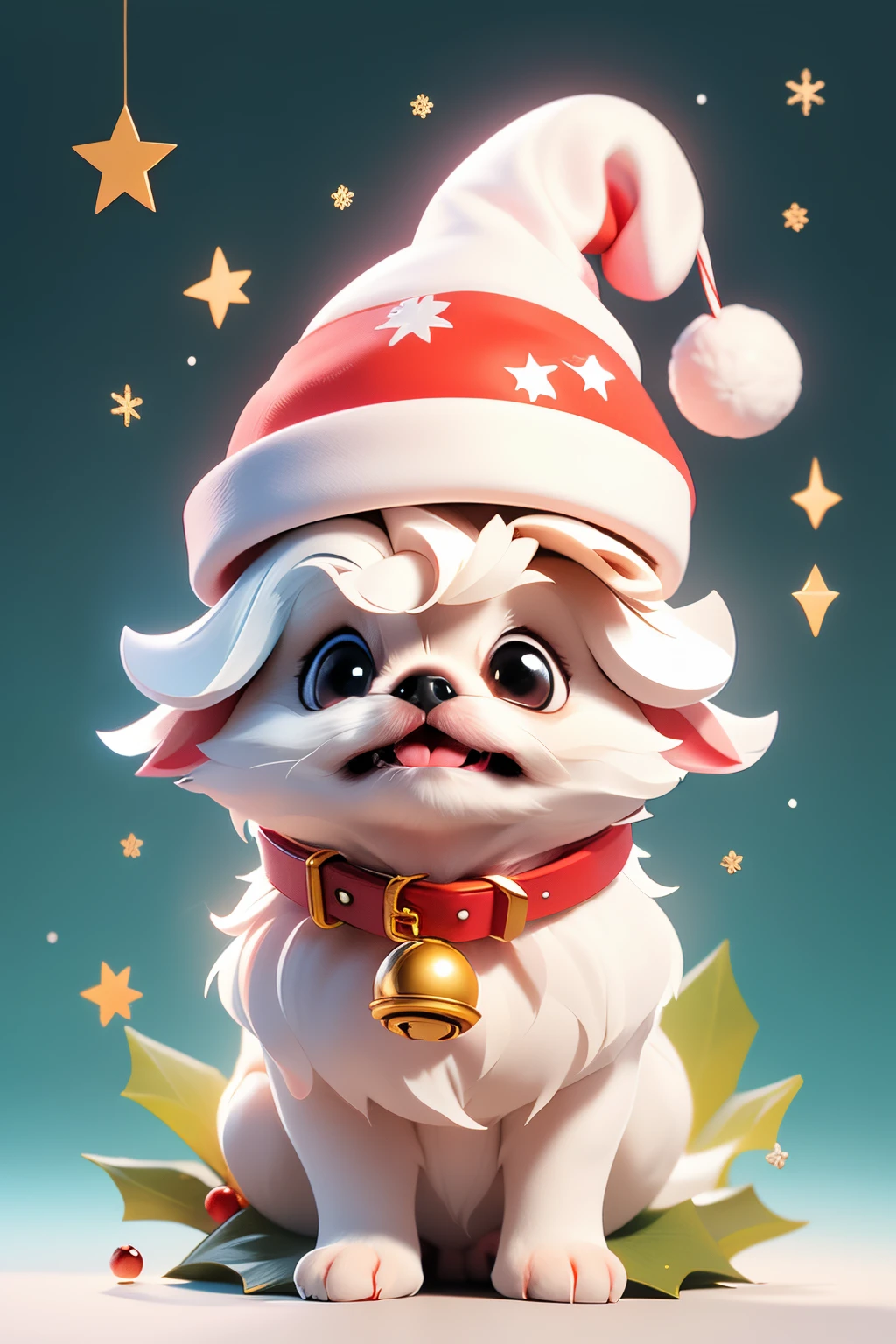 3D vector art、Colorful cute white pekingese dog（he is wearing a christmas hat、The collar has a bell.）、 cute christmas present, Ultra-realistic high quality,  Cute and quirky, Fantasy Art, Watercolor effect
