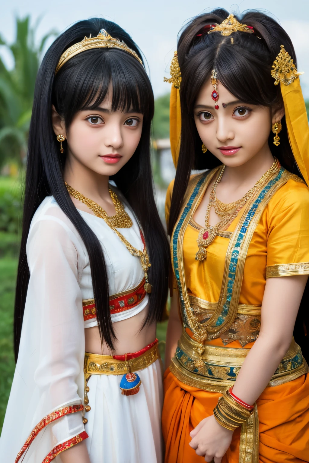 two girls anime who are a devotee of krishna,The proportions are the same for all races, All faces and pictures must be different, ulzzang -6500-v1.1, (Raw photo:1.2), (Photorealsitic), Beautiful detailed, (Real: 1.4), extremely detailed eye and face, beatiful detailed eyes,