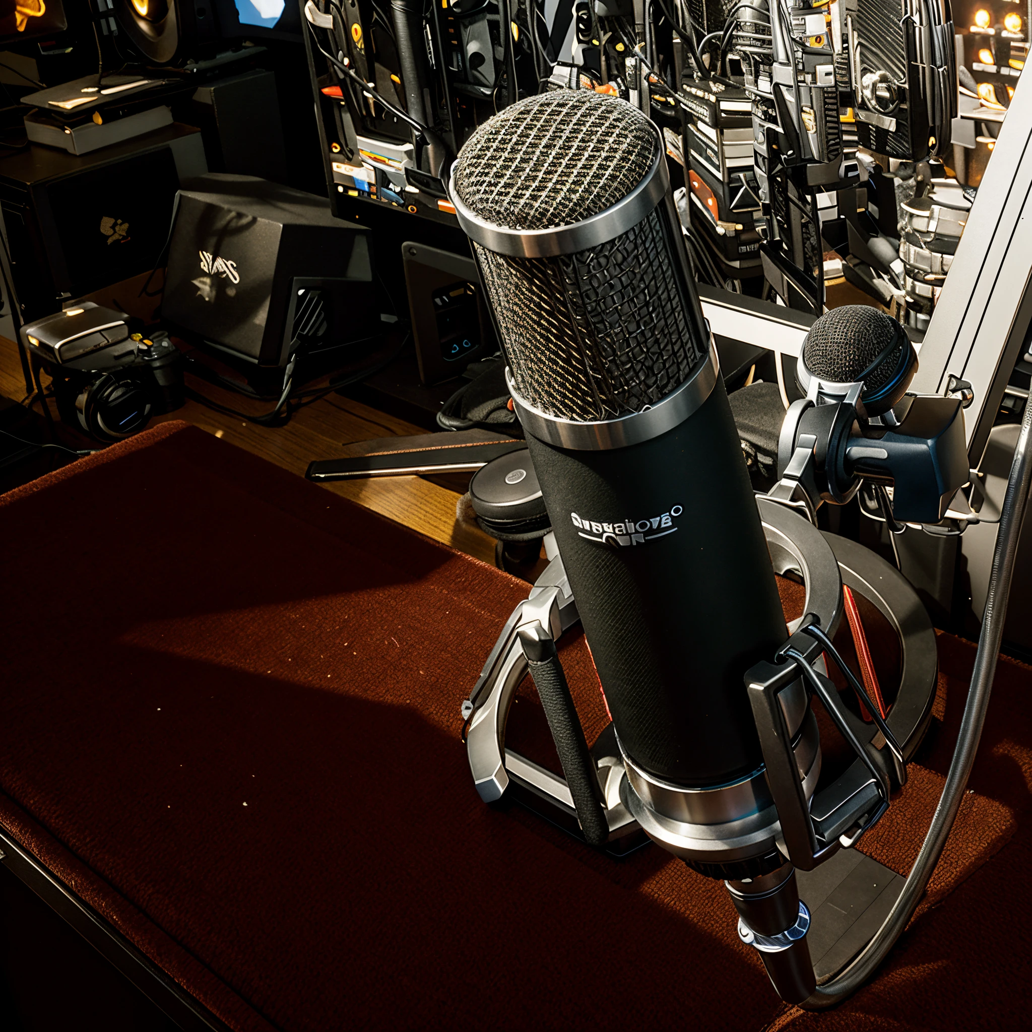 arafed microphone on table,Equipped with computer monitor and monitor screen, studio microphone, studio photoshoot, standing microphones, Portrait shooting, studio product shot, sitting in front of a microphone, Table with microphone, microphones, Detailed portrait shots, studio photoshoot, microphones, Studio quality products, Studio quality, detailed wide shot, Close-up portrait shoot
