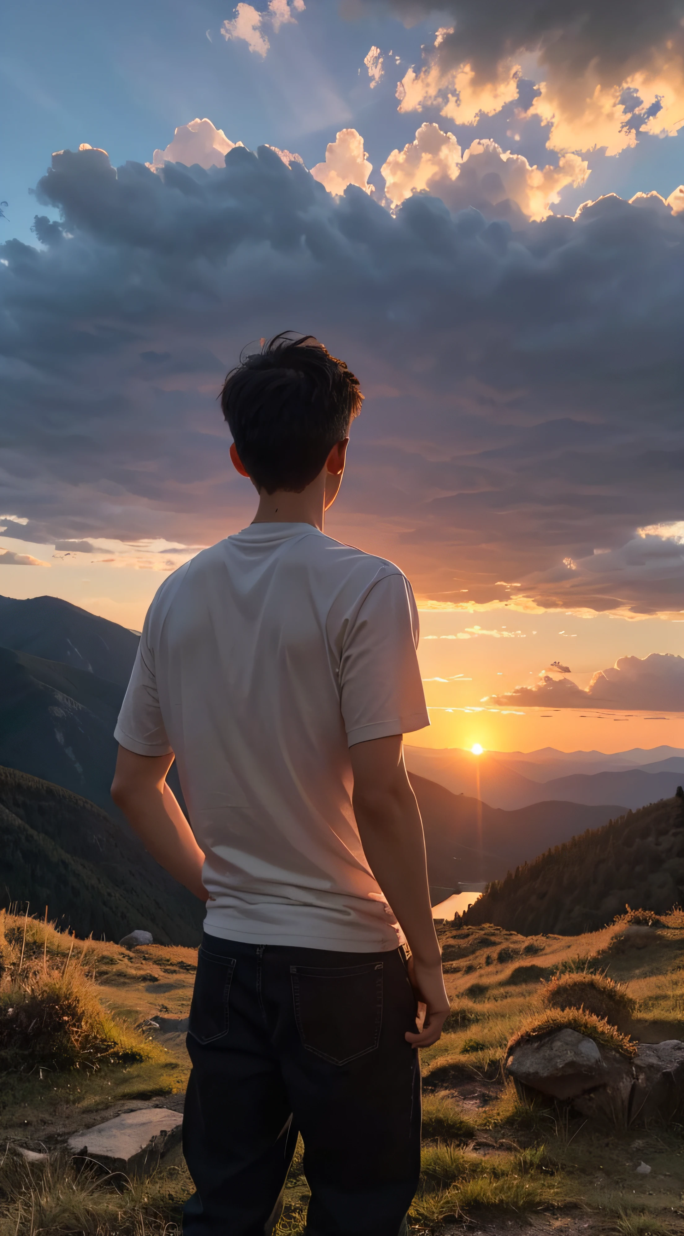 A boy faces the sunset in the mountains with his hands behind his back