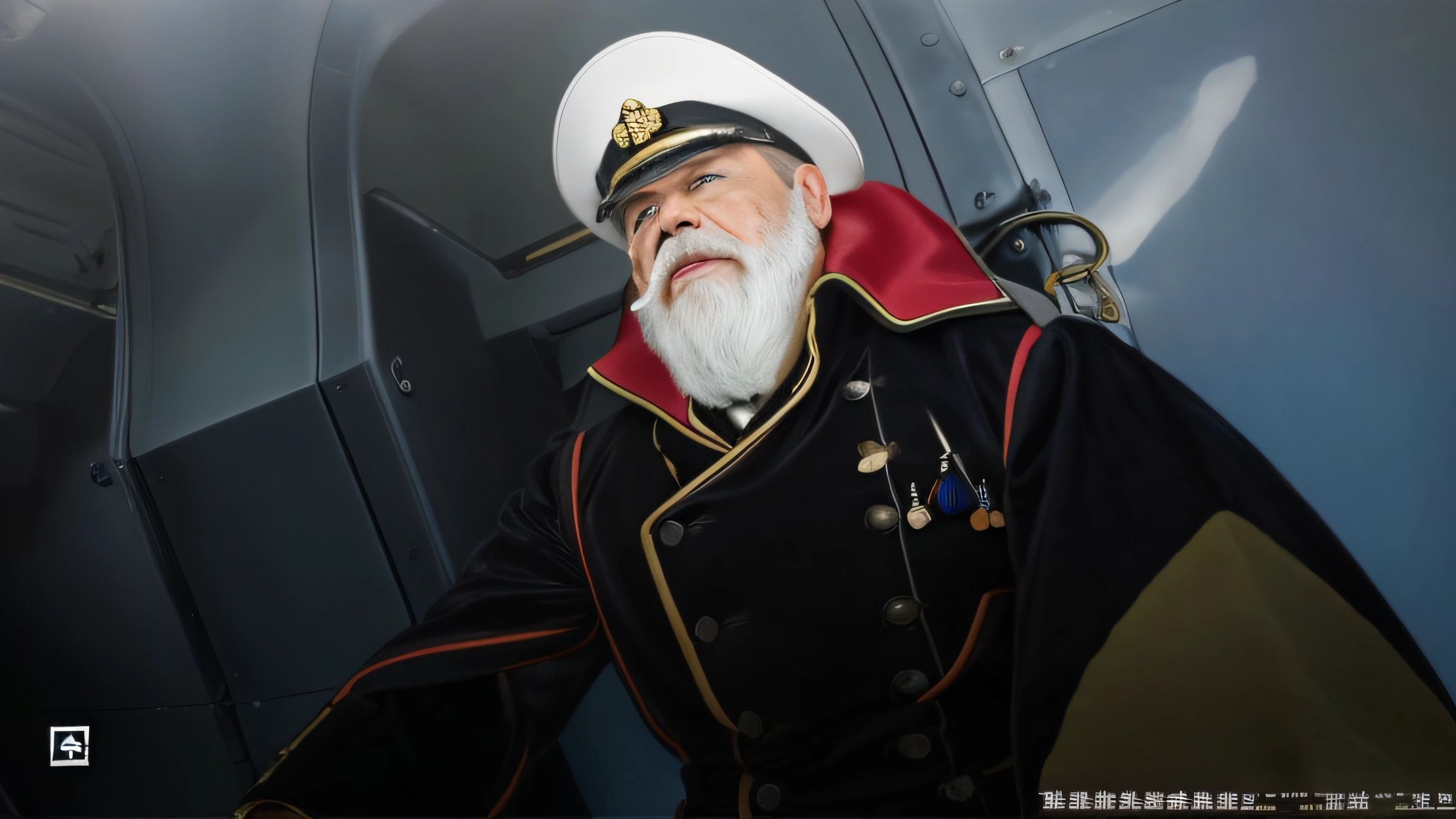 Open your eyes and mouth wide、full of tension(Detailed depiction of eyes and mouth:1.6)、face modeling、White beard、Big open mouth、Utilization of input data(depicted as a real person:1.6)、Natural and authentic、Drawings in harmony with military uniforms Cloth military uniforms(Realistic texture and reality:1.7)、Wrinkles on military uniform、Realistic and natural texture depiction、