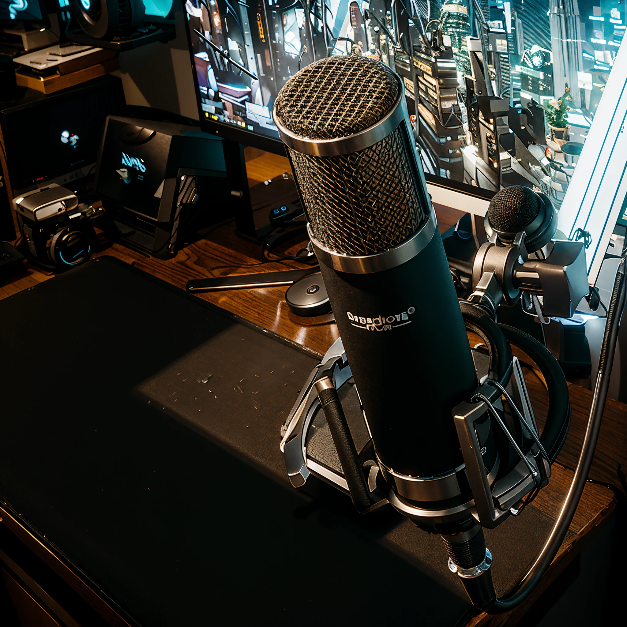 arafed microphone on table，Equipped with computer monitor and monitor screen, studio microphone, studio photoshoot, standing microphones, Portrait shooting, studio product shot, sitting in front of a microphone, Table with microphone, microphones, Detailed portrait shots, studio photoshoot, microphones, Studio quality products, Studio quality, detailed wide shot, Close-up portrait shoot