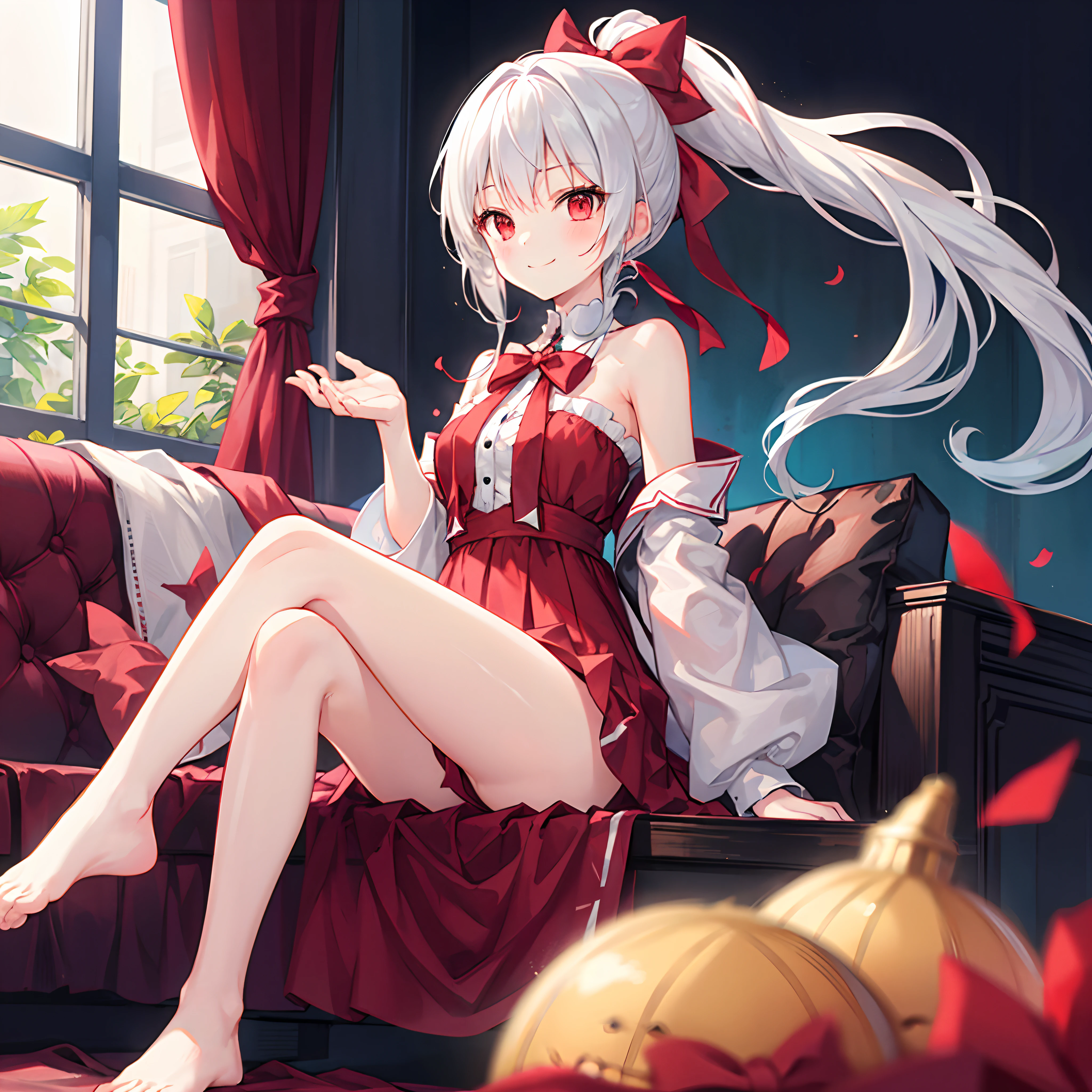 White hair、red eyes、Ponytail with ribbon、Beautiful girl alone、Red blush、doress、cropped shoulders、Raw feet、A smile、sitting in the couch