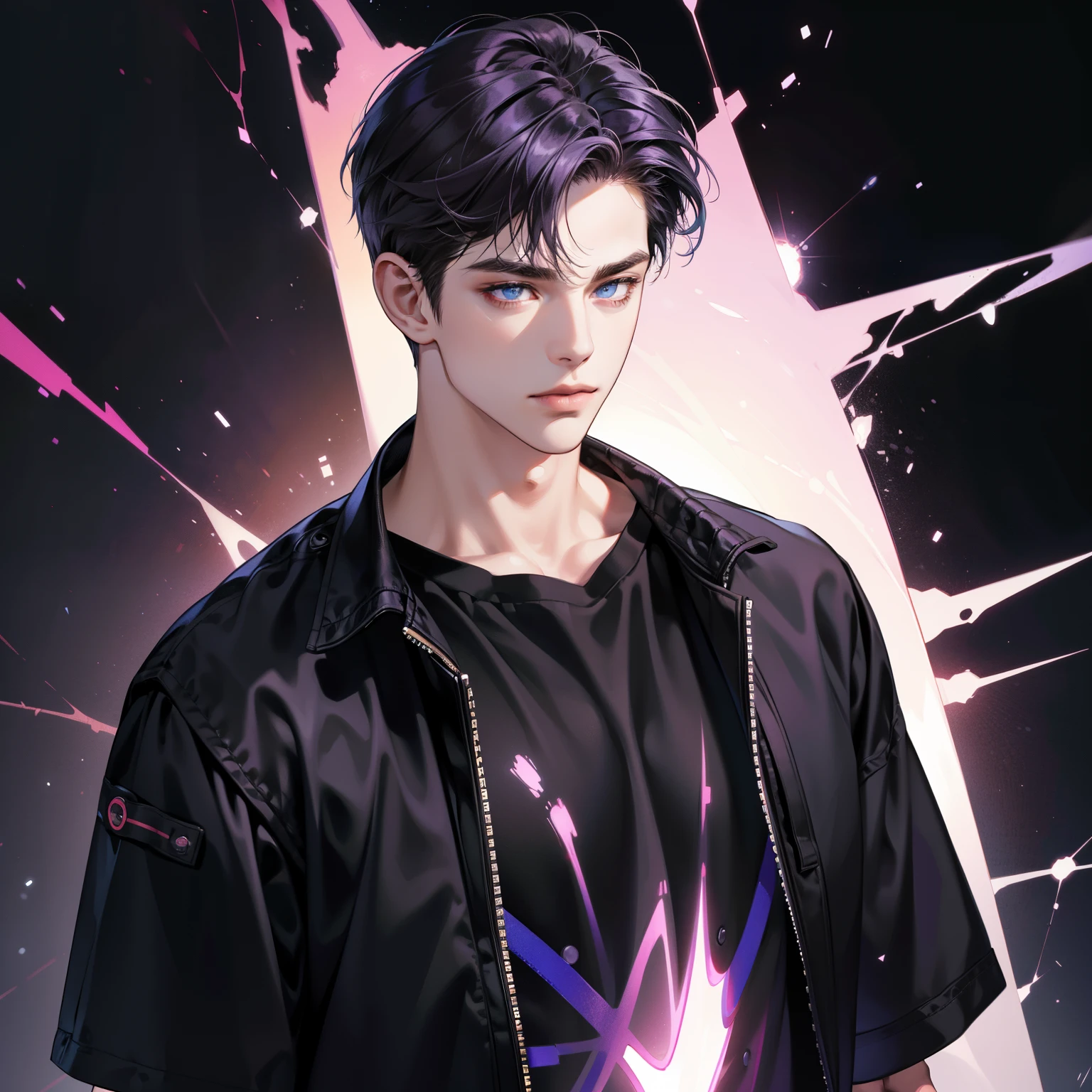 Masterpiece, high quality, best quality, HD, realistic, perfect lighting, detailed body, 1 man, perfect eyes, short hair, dark Purple Hair, glowing, black jaket and T shirt, Dark background.