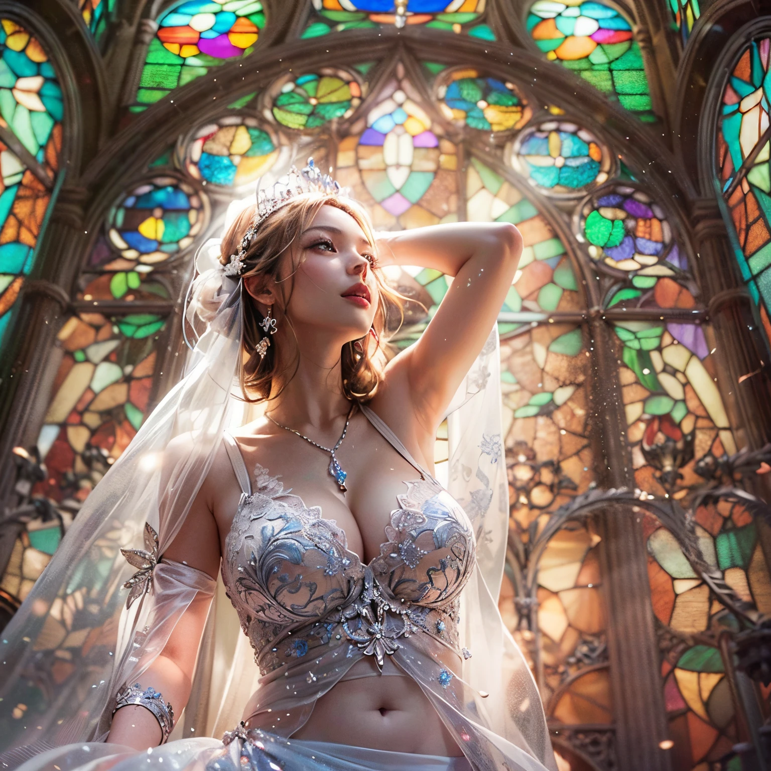 from below:1.2, (((masutepiece:1.35))), (((8K,Acutance, exposed))), (((hight resolution))), surrealism, god rays, Zoom Layer, (((photorealistic:1.37))), F/4.0, canon, Detailed glistening skin,Detailed face, Detailed eyes, Beautiful bride goddess, Princes Tiara, delicate lace knitted see-through wedding dresses, Mystical sight, ((Light shines through stained glass:1.2)), Gigantic Cleavage:1.37, Overflowing, Biomechanical HUGE and HEAVY boob, (navel), (brilliant simple ruby accessories), { ((correct hands))|((hidden hands)) }