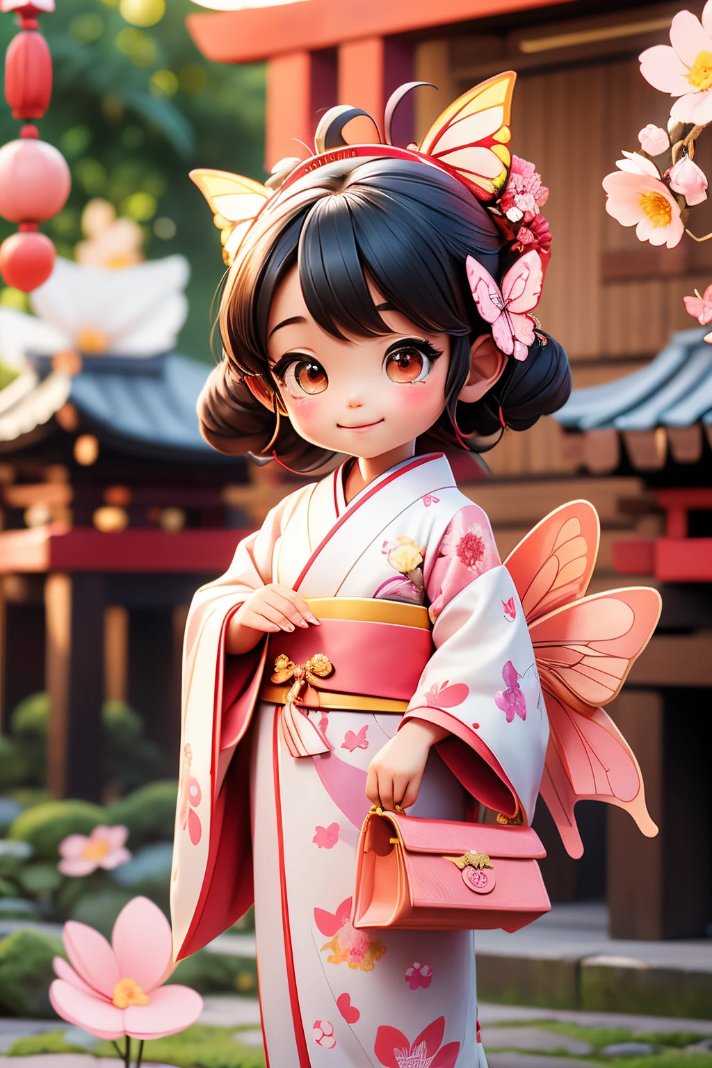 photoRealstic、Japan shrine in the background、3Year old girl、Wearing a kimono to celebrate Shichi-Go-San、Traditional events of Japan、Smile, kawaii pose 、 highly detailed eyelid painting、Floral hair ornament、butterfly hair ornament、on my right hand, I have a bag of Chitose candy、Strong bokeh、Flowers in the foreground