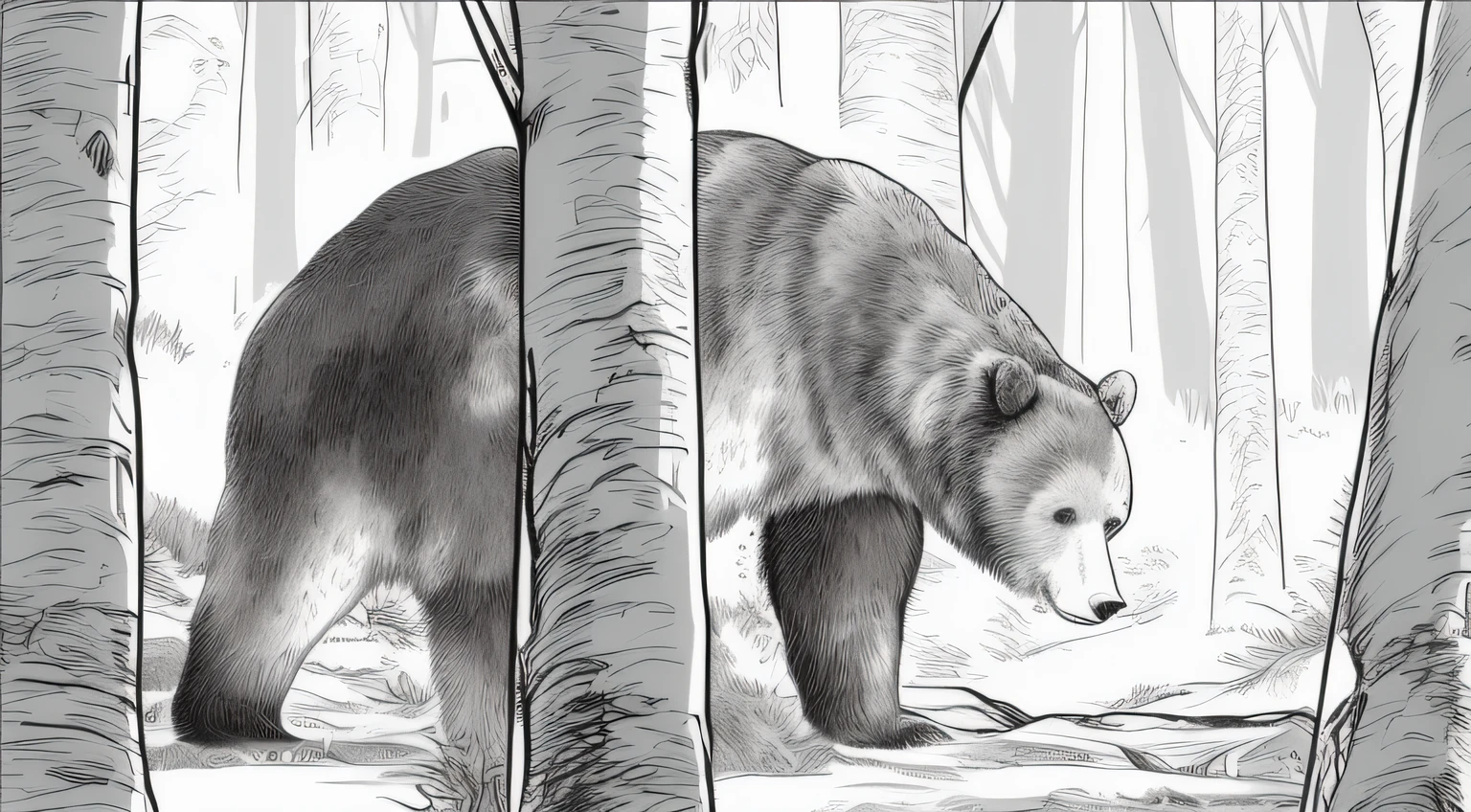 There is a bear running in the woods, half grizzly bear, wildlife illustration, very detailed illustration, wildlife paintings,