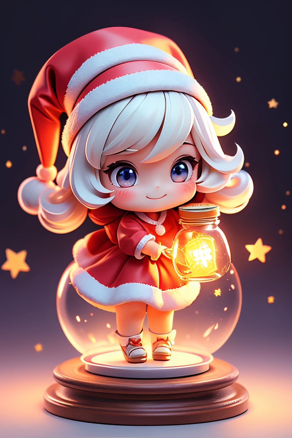 ((top-quality))、 ((​masterpiece))、A chibi doll trapped in a magic jar、Cute girl dressed as Santa Claus and doll present、Hoshino　tenderness、A smile、Chibi Doll、Stars in the eyes（kirakira）、Eye Up、Laugh、Cute red chouconitide, Ultra Detail, radiant light、bio luminescent、Taken from the side、Stronger bokeh effect